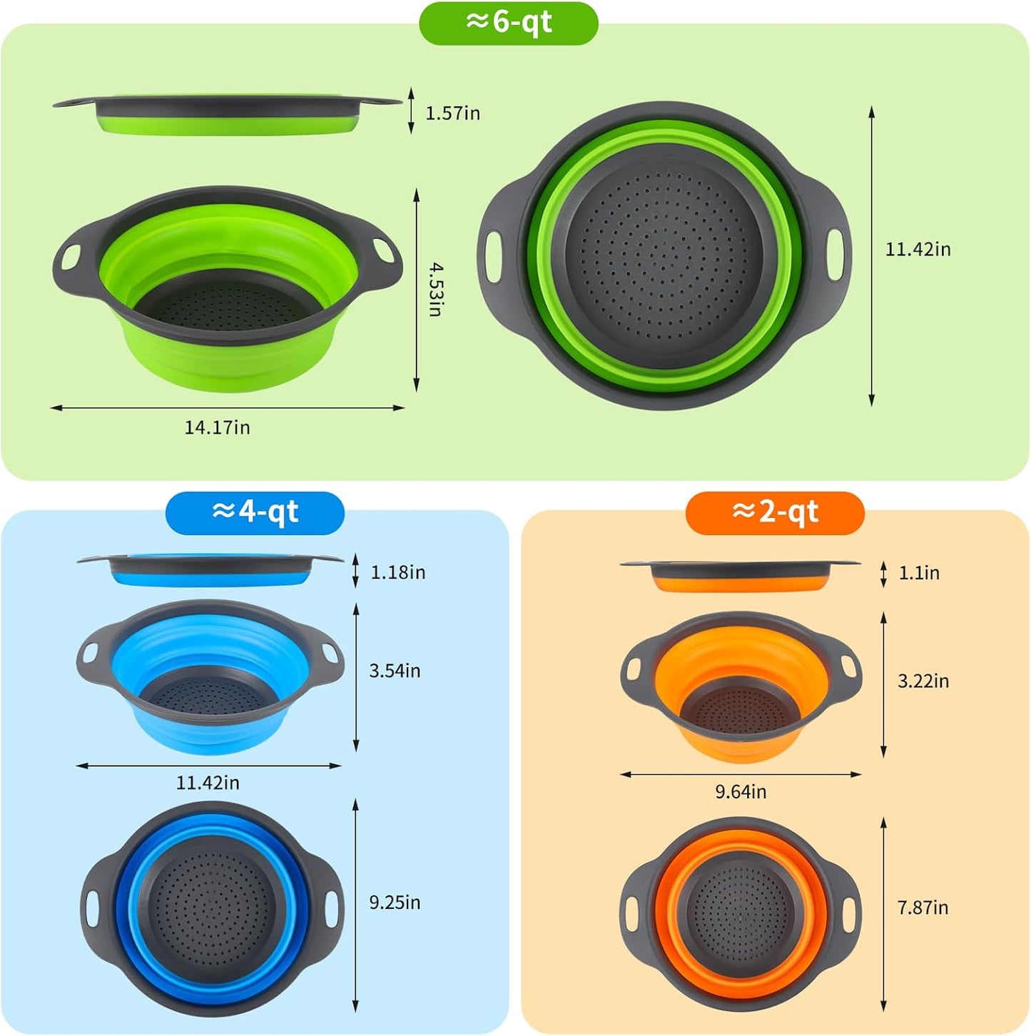 Tri-Color Silicone Collapsible Colander Set (3Pcs 2/4/6 QT) - Space Saving Foldable Strainers with Non-Slip Base for Pasta, Veggies & Camping, Dishwasher Safe Instant Fold Kitchen Gadget