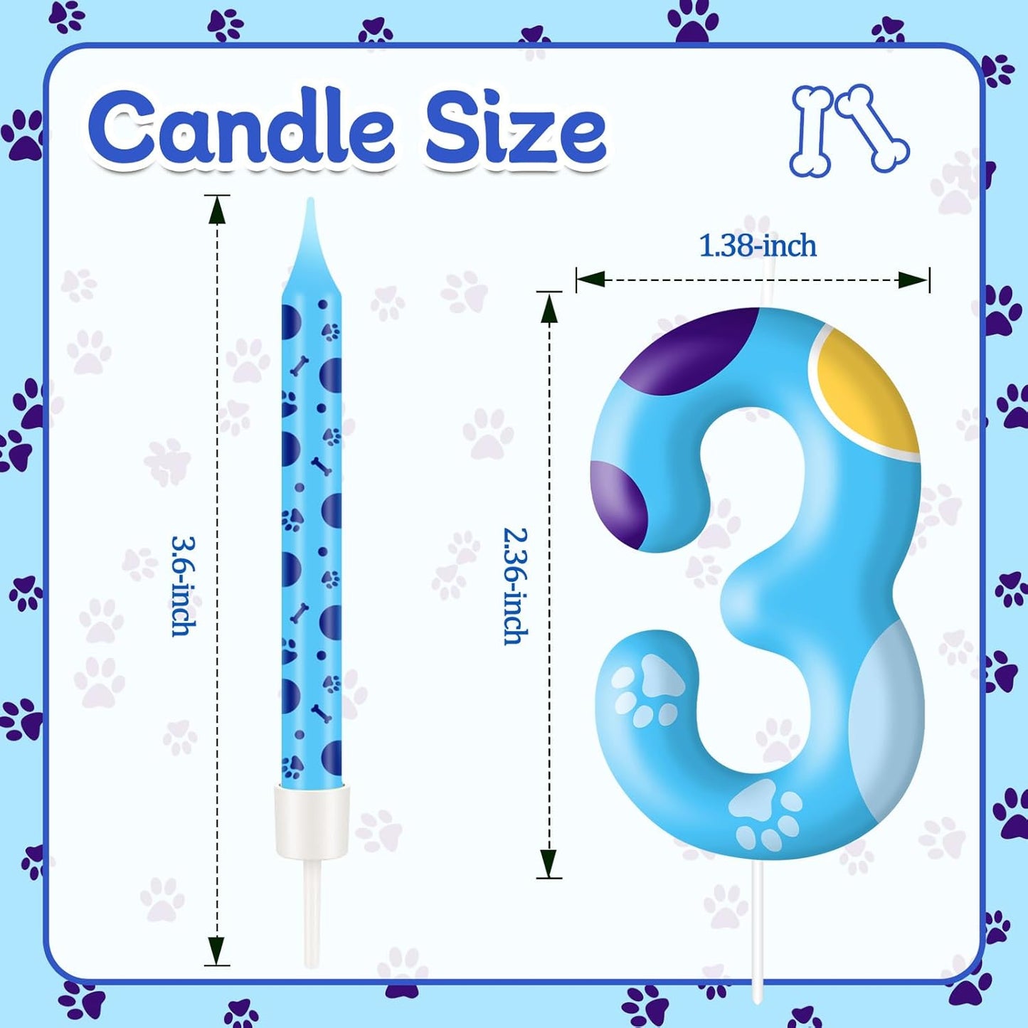 13PCS Blue Dog Paw Birthday Candles Set Cake Topper Numeral Birthday Candles for Boy Girl Dog Paw Decoration(Number 3)