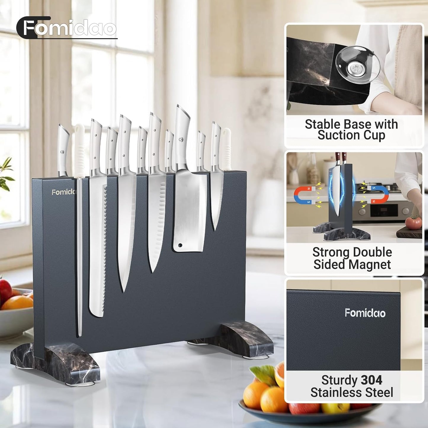 Magnetic Knife Holder Block,Black Magnetic Knife Stand for Kitchen Counter Top,Double Sided Stainless Steel Knife Storage,Strong Magnet Knife Rack