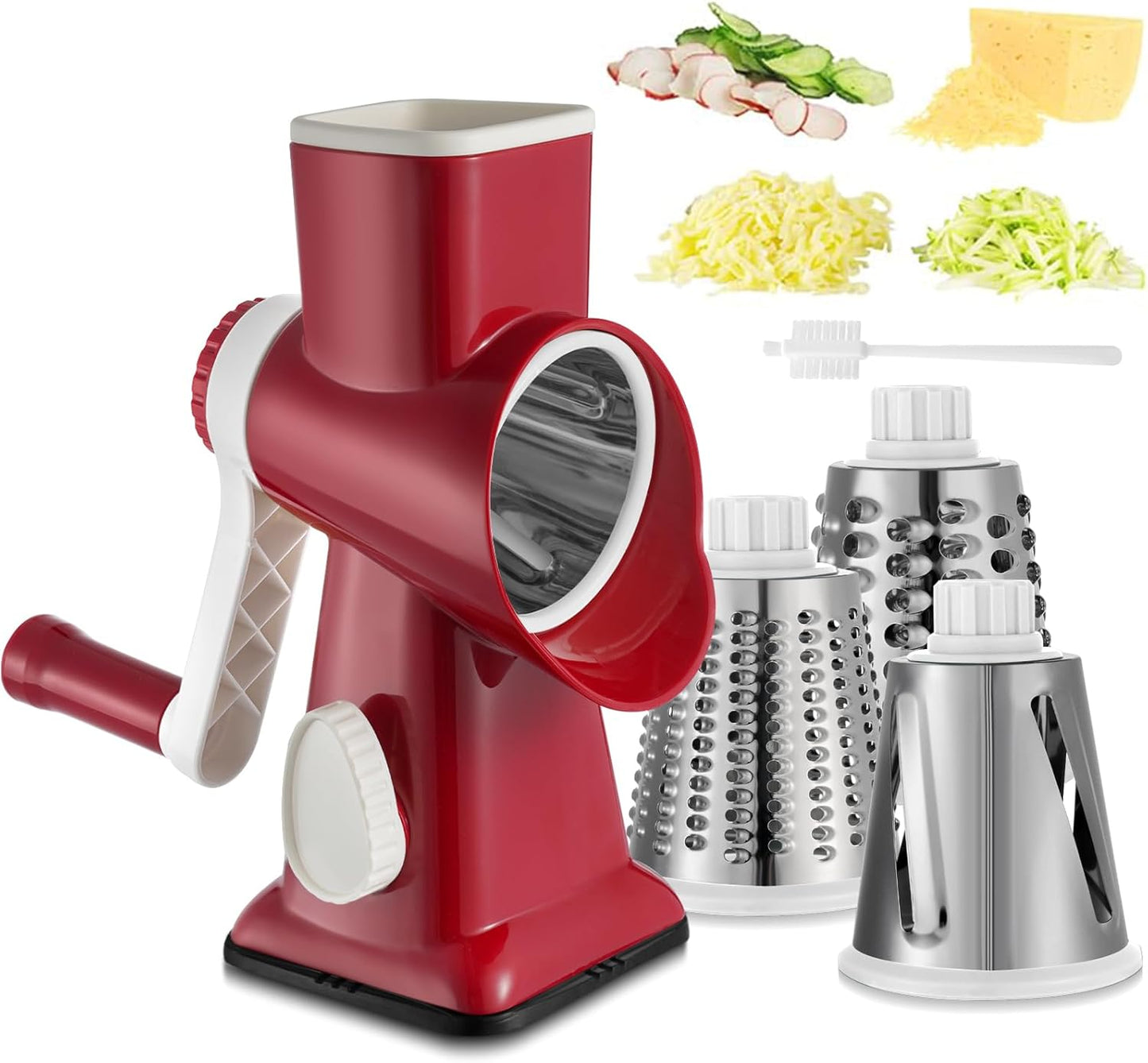 Cheese Grater Hand Crank Rotary Vegetables Shredder with Handle, 3-in-1 Graters with Interchangeable Blades and Strong Suction Base Multifunctional Slicer for Kitchen