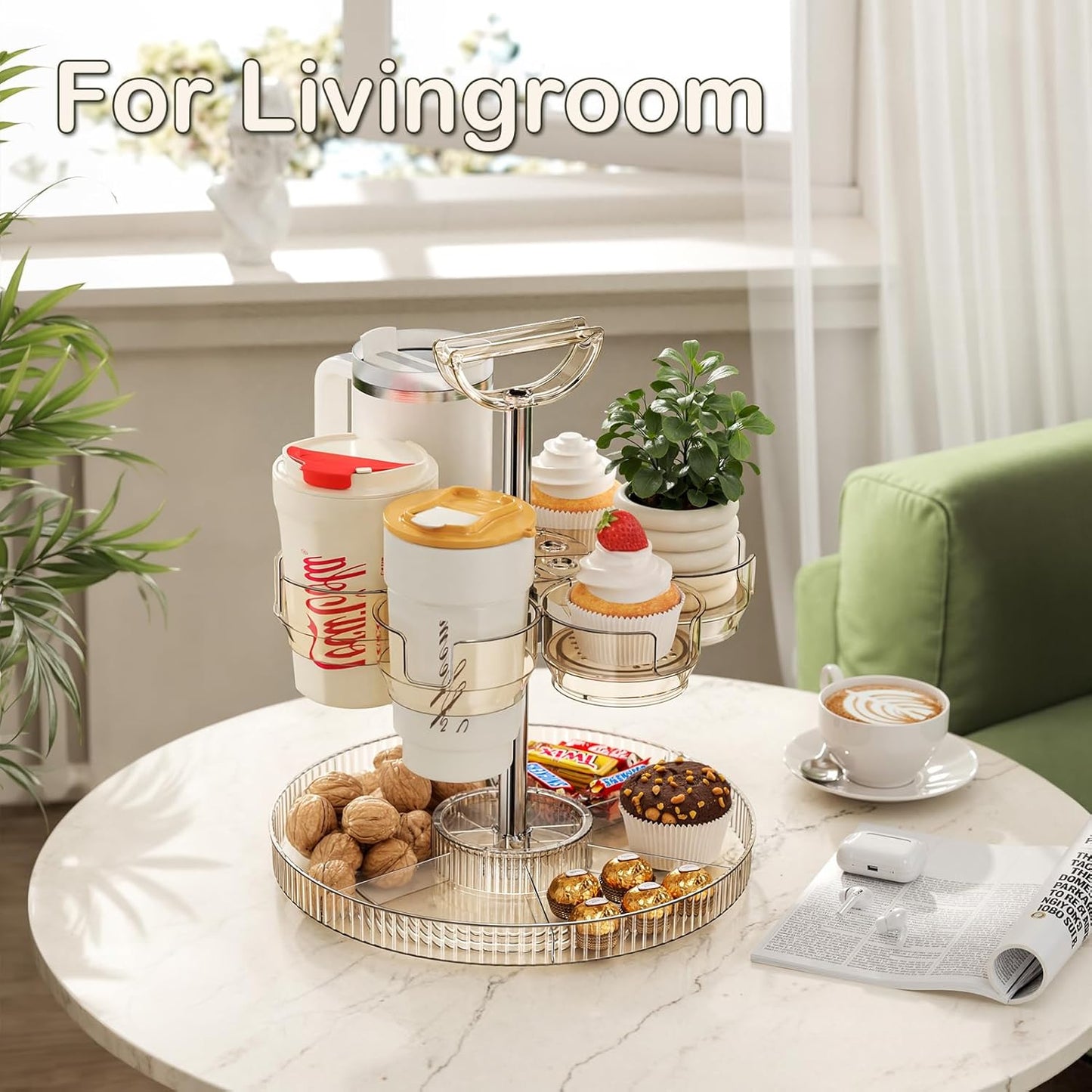 Rotating Stanley Cup Holder, Portable Water Bottle Organizer for 6 Stanley 40 oz & Mug, Adjustable Lazy Susan Organizer for Table Top Cabinet Home Countertop Pantry Shelf Tumbler Lid Organizer