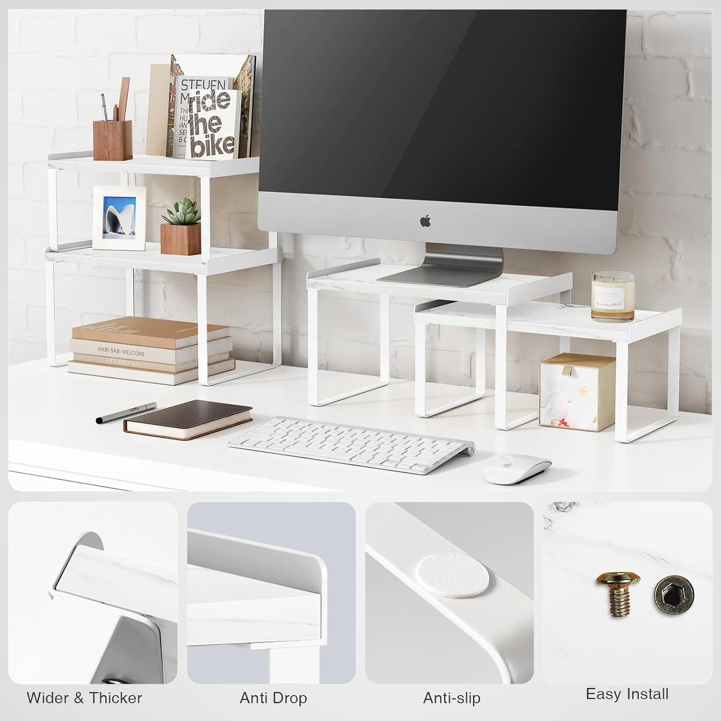 White Marble Kitchen Counter Shelf Organizer, Modern Dish Plate Organizer for Cabinet Space Saver, Small Wood Stackable 2 Tier Office Desktop Shelf Risers for Books Monitor - Set of 4