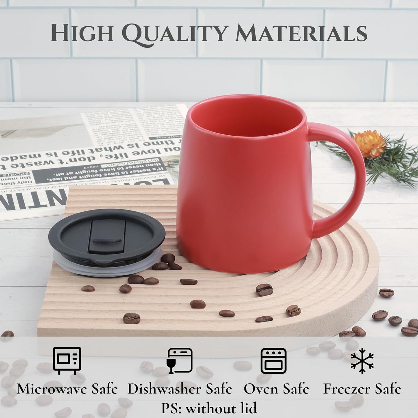 Classic Mug, 14 oz Large Coffee Mug with Handle, Ceramic Porcelain Tea Cup, Smooth Matte (Sliding Lid, Set of 4, Red White Black and Navy Blue)