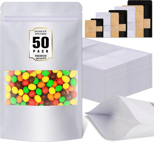 50 Pack Zip Lock Bags, Reusable Snack Bags with Window, Cookie Bags for Pastry, Herbs, Jerky, Spices, Soap, Pet, Gifts, Resealable Baggies for Small Business, Farm Stand Supplies
