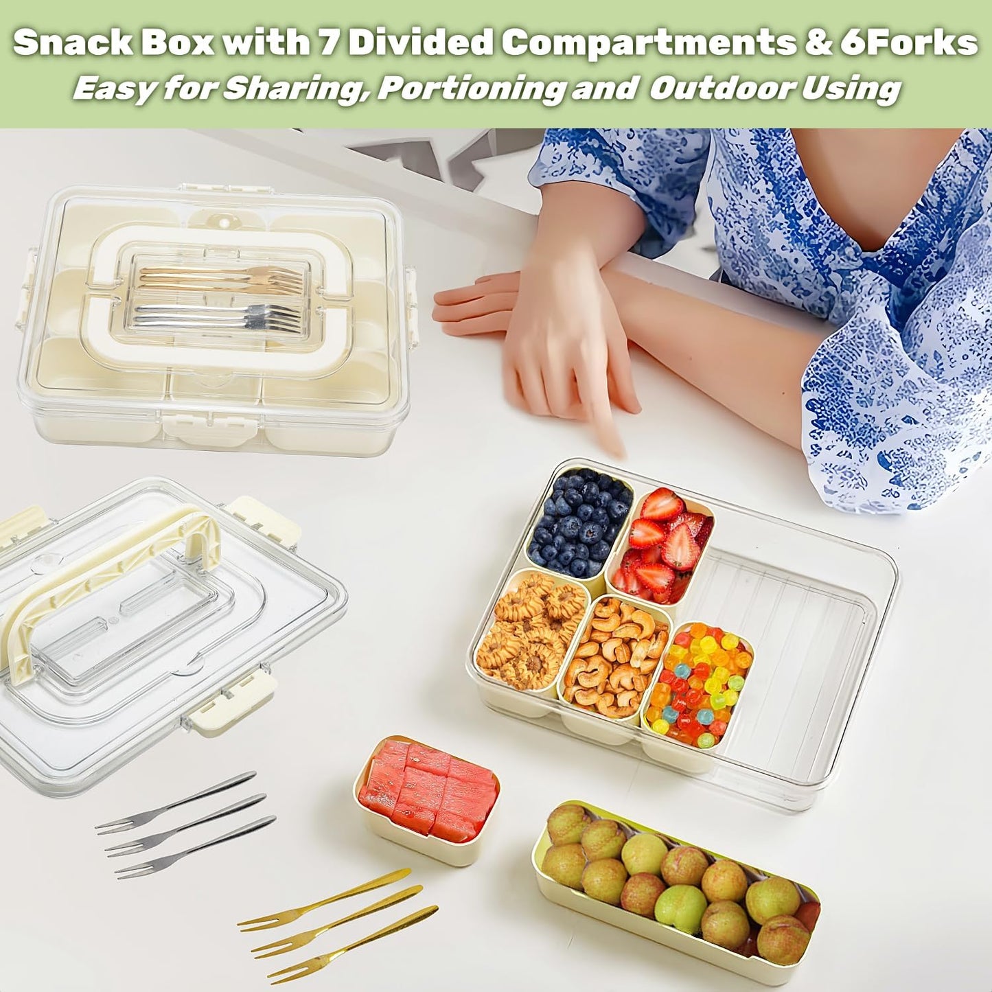 Divided Serving Tray with Lid and Handle, Snackle Box Container Portable Snack Platters with 7 Compartments & Forks, Ice Chilled Organizer for Fruits, Veggies, Salad, Perfect for Entertaining,Picnic