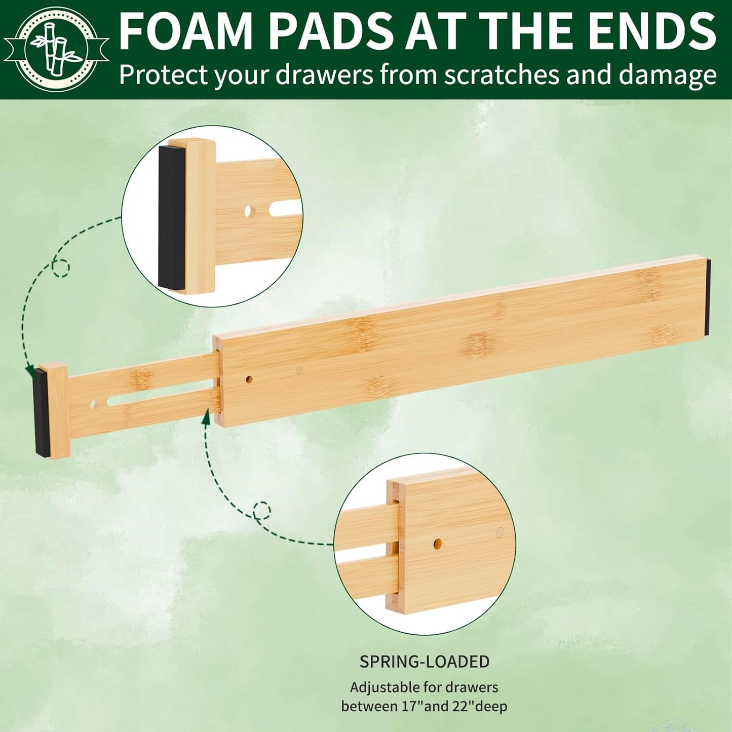 4 Pack Bamboo Drawer Dividers 2.6" High,17-22" Adjustable Spring Loaded Drawer Organizers for Kitchen, Dresser, Bathroom, Bedroom and Office