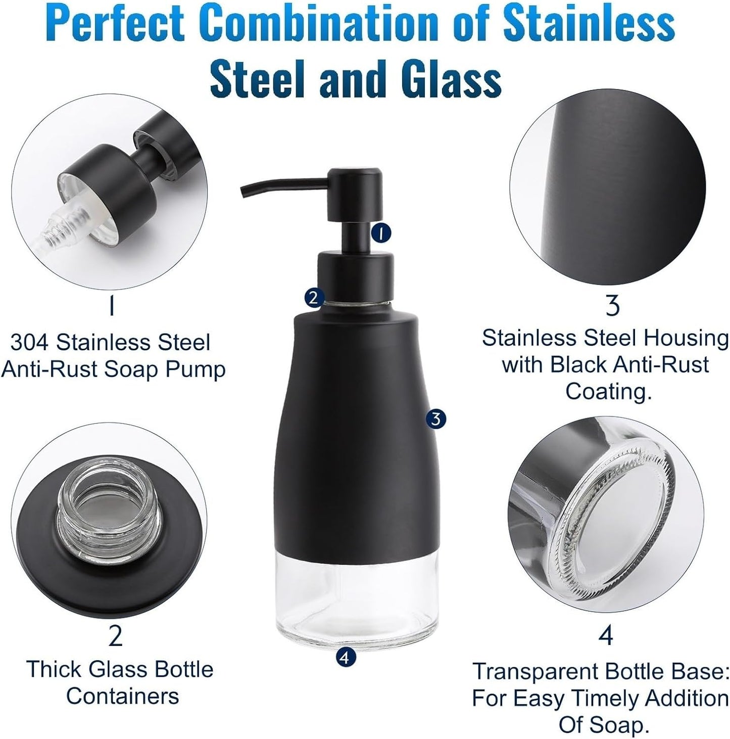 Black Soap Dispenser with Coaster and Stickers, Dish Soap Dispenser for Kitchen, Hand Soap Dispenser for Bathroom, 304 Stainless Steel Glass Lotion Dispenser (2 Pack)
