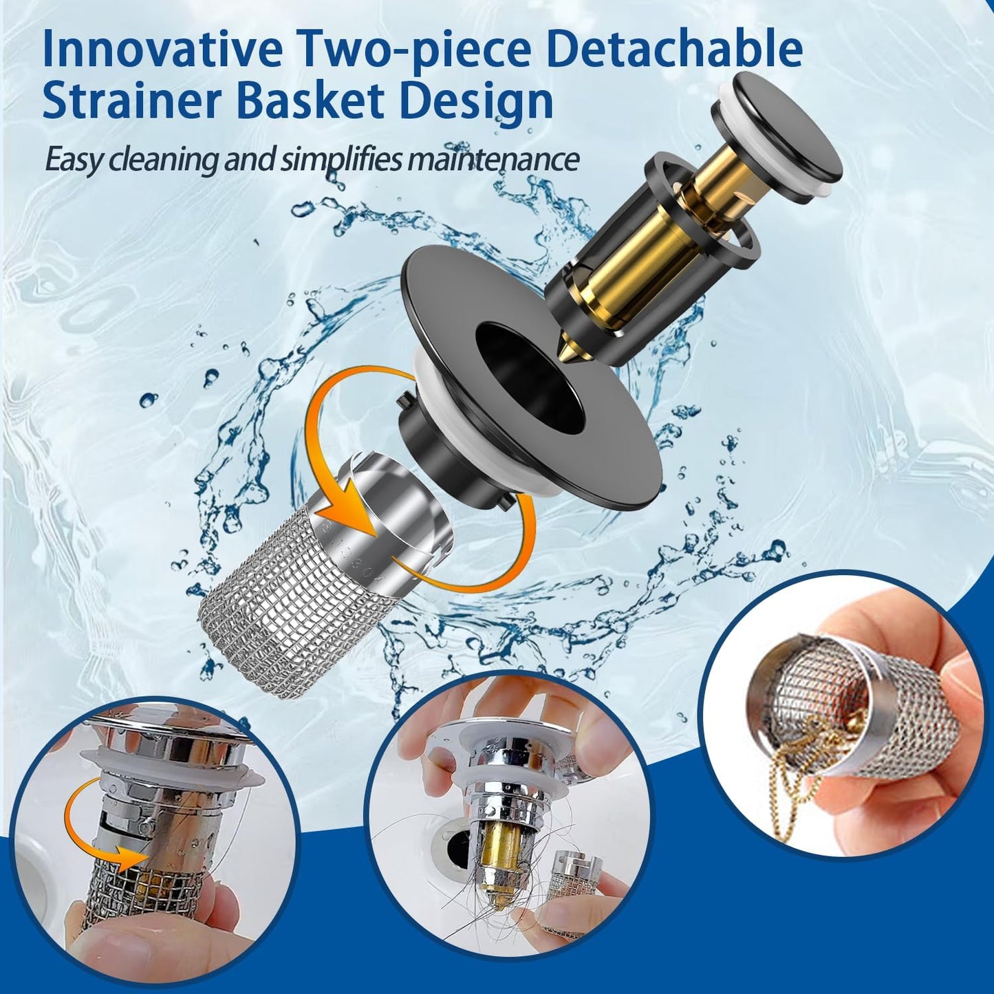 Sink Stopper Hair Catcher, Pop-up Sink Drain Strainer with Removable Stainless Steel Strainer Basket Hair Catcher, Bathroom Sink Strainer for Bathroom Sink Stopper Replacement (Matte Black)