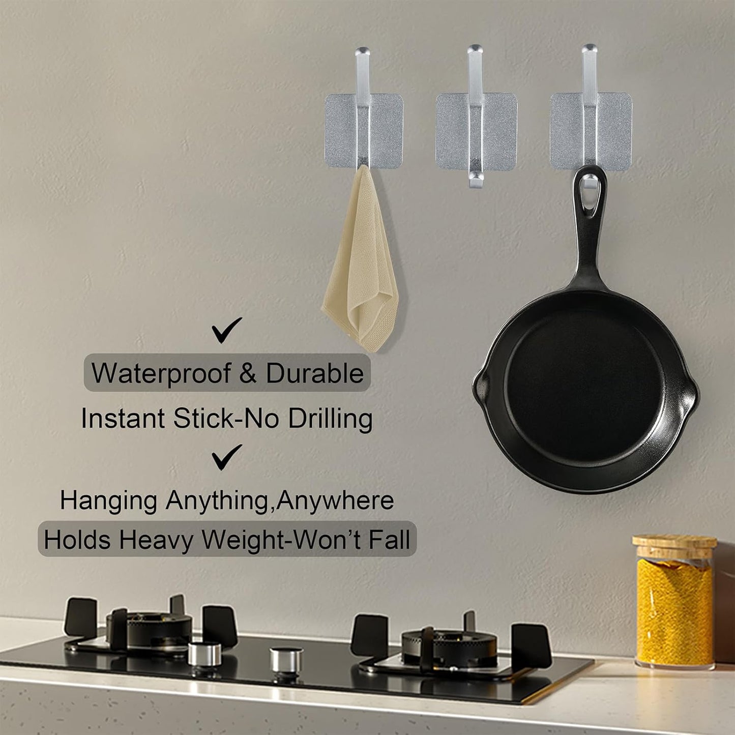 Aluminum Wall Hooks, No Drill Damage-Free Adhesive Hook, Product for Hanging Heavy Duty for Bathroom Kitchen Home (Double Square Sliver Hook, 4)