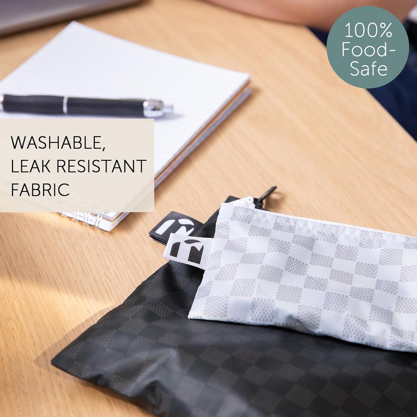 Roamio Reusable Sandwich and Snack Bags, for Kids School Lunch and for Adults Portion, Washable Fabric, Waterproof Cloth Zip Bag, Travel Pouch, Food-Safe Storage,4-pack Set Black Check and Off White