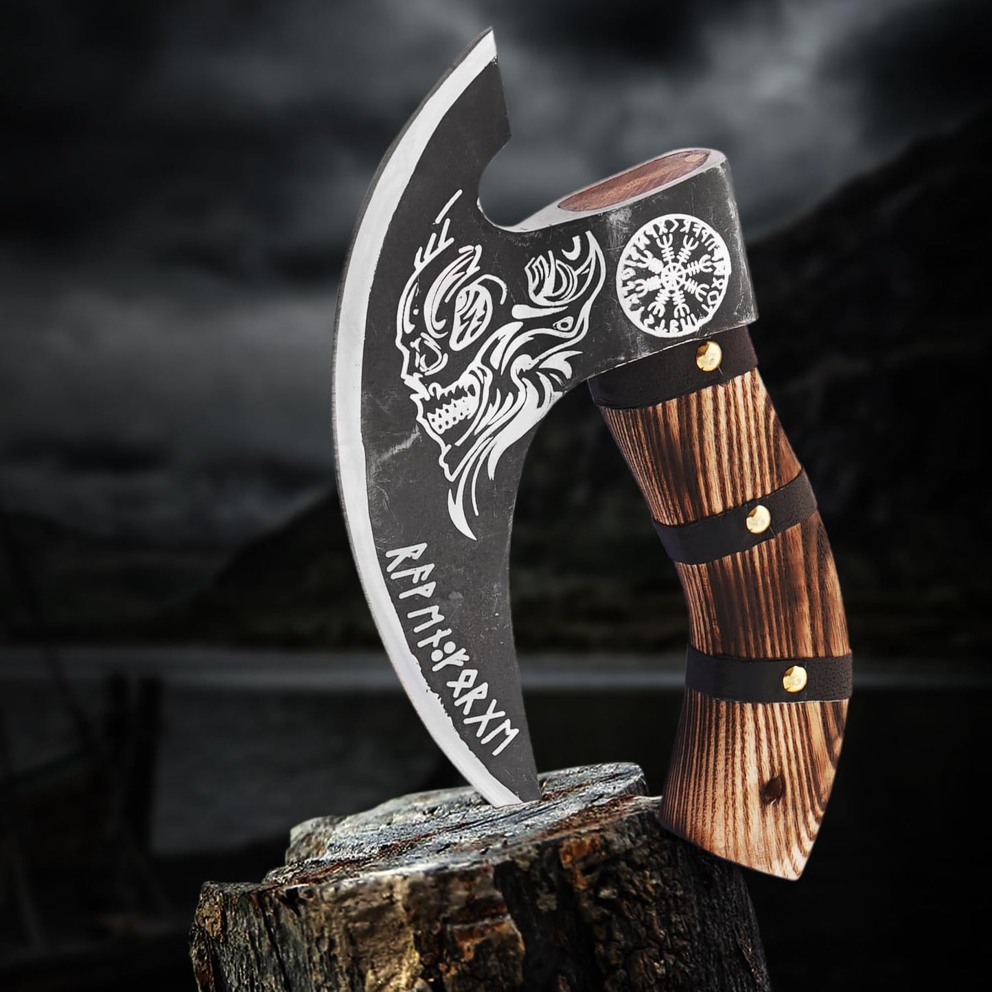 Edgelandknives® Multipurpose Viking Pizza Axe with Sheath, Viking Butcher Axe, Viking Pizza Cutter Axe - Burned Wood Handle & Heavy Duty Viking Skull Head - Perfect for Cutting Pizza, Meat, Vegetables