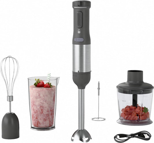 Cordless Immersion Hand Blender, 5-in-1 Variable Speed blender handheld,Rechargeable with 2000mAh Battery, BPA-Free & Dishwasher-Safe Accessories:700ml Beaker,Chopper,Whisk & Milk Frother,Grey