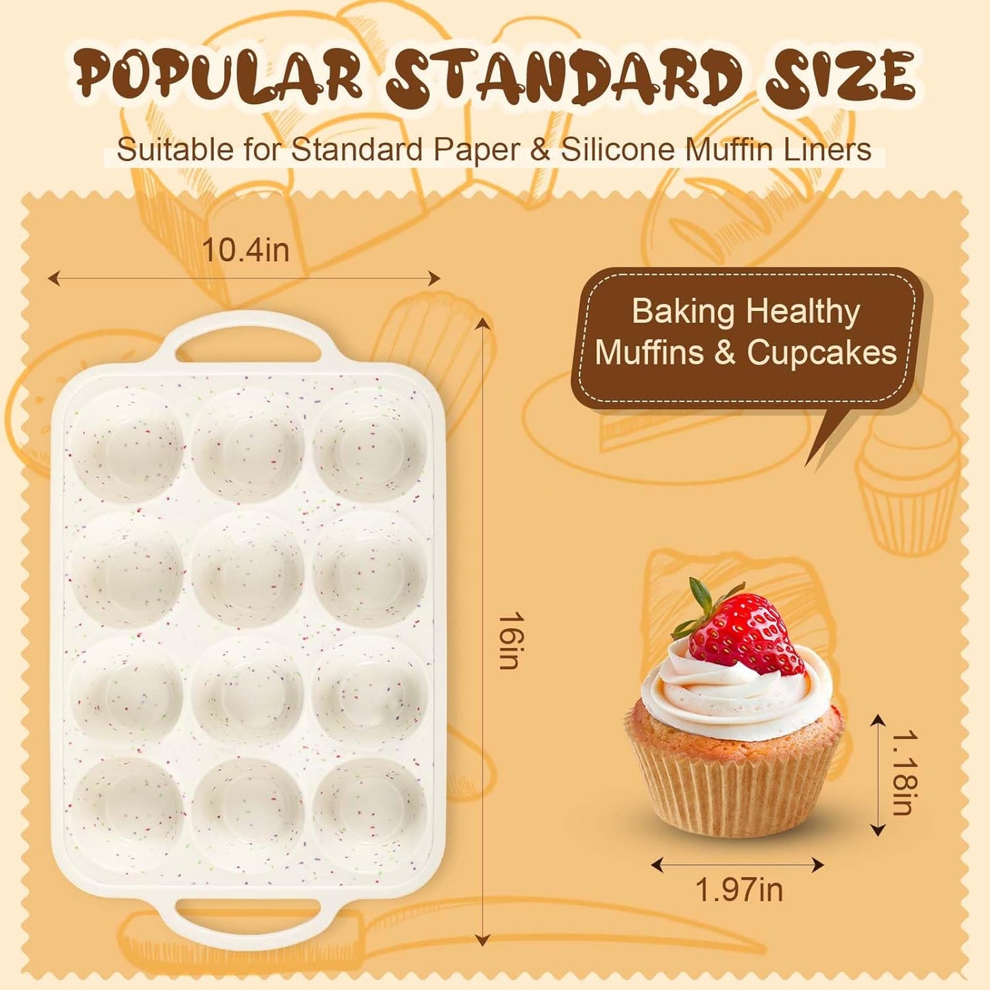 2 Silicone Muffin Pans for Baking with 200 Mini Cupcake Liners, Back to School 1st First Day of School Kitchen Dorm Room Bakeware Supplies, Muffin Tin(12-Cup Regular)
