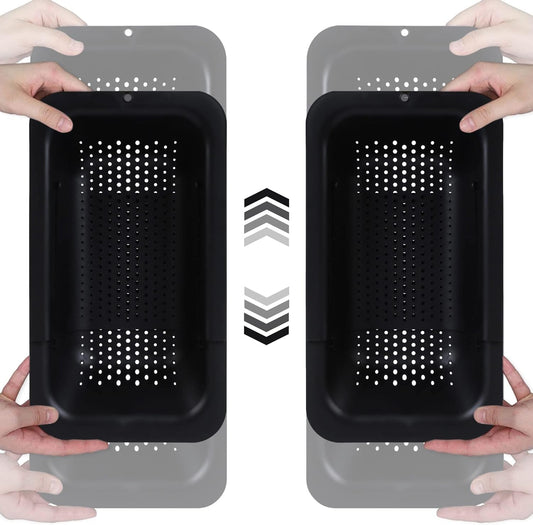 BLUE GINKGO Sink Colander Baskets - (Pack of 2) Wash Vegetables and Fruits, Drain Cooked Pasta and Dry Dishes - Extendable - New Home Kitchen Essentials (2 Black)