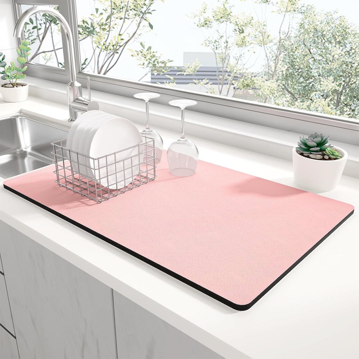 Rnivvi Dish Drying Mat for Kitchen Counter, 12 x 19" Super Absorbent Drainer Pad Easy Clean Dish Rack Pad, Non-Slip Heat Resistant Coffee Bar Mats for Coffee Machine Station Accessories Decor, Pink