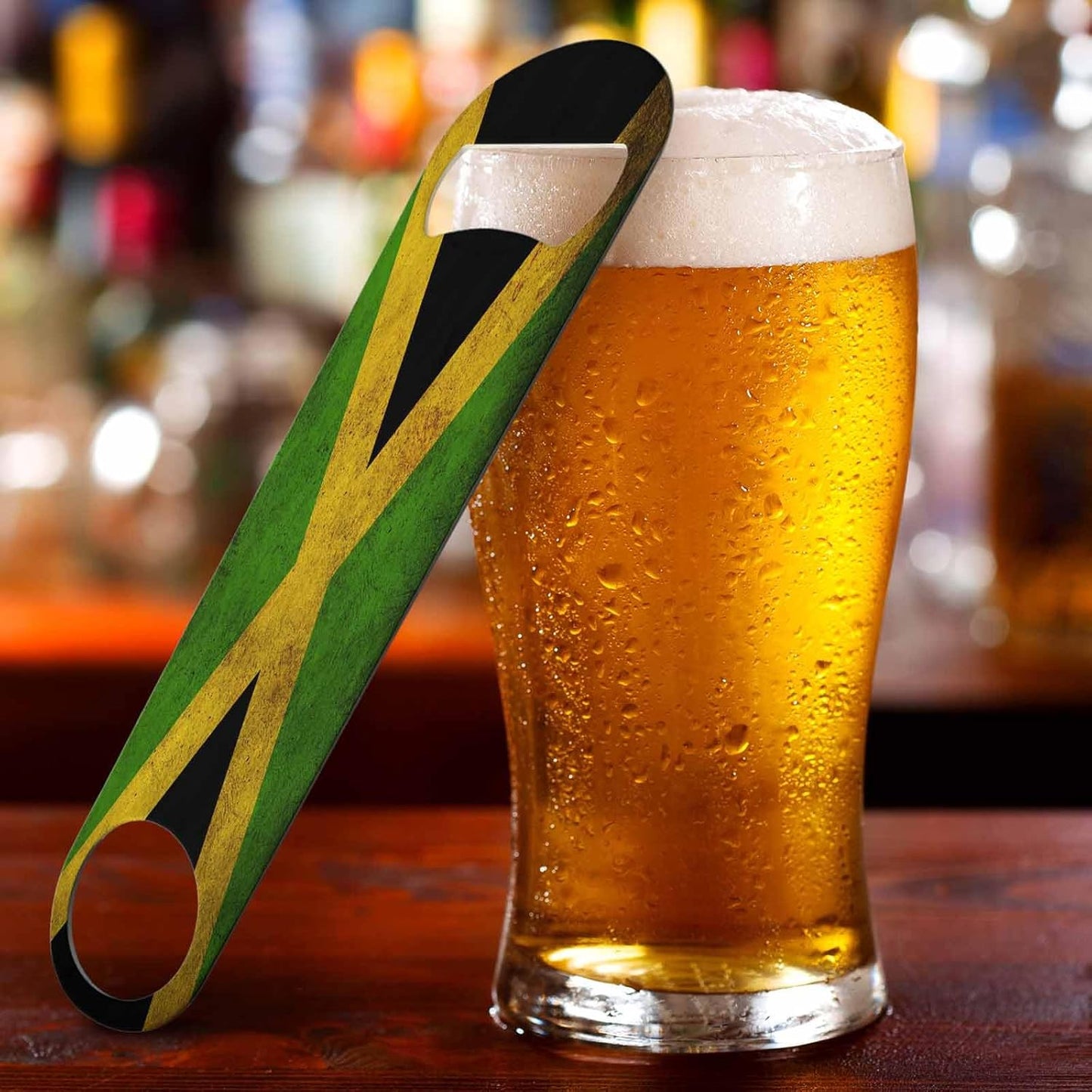Jamaican Flag Stainless Steel Bottle Opener Vintage Geometry Texture Design Black Green Triangle Gold Stripe Flat Beer Bottle Opener Keychain for Home Kitchen Bar Restaurant Party Gift