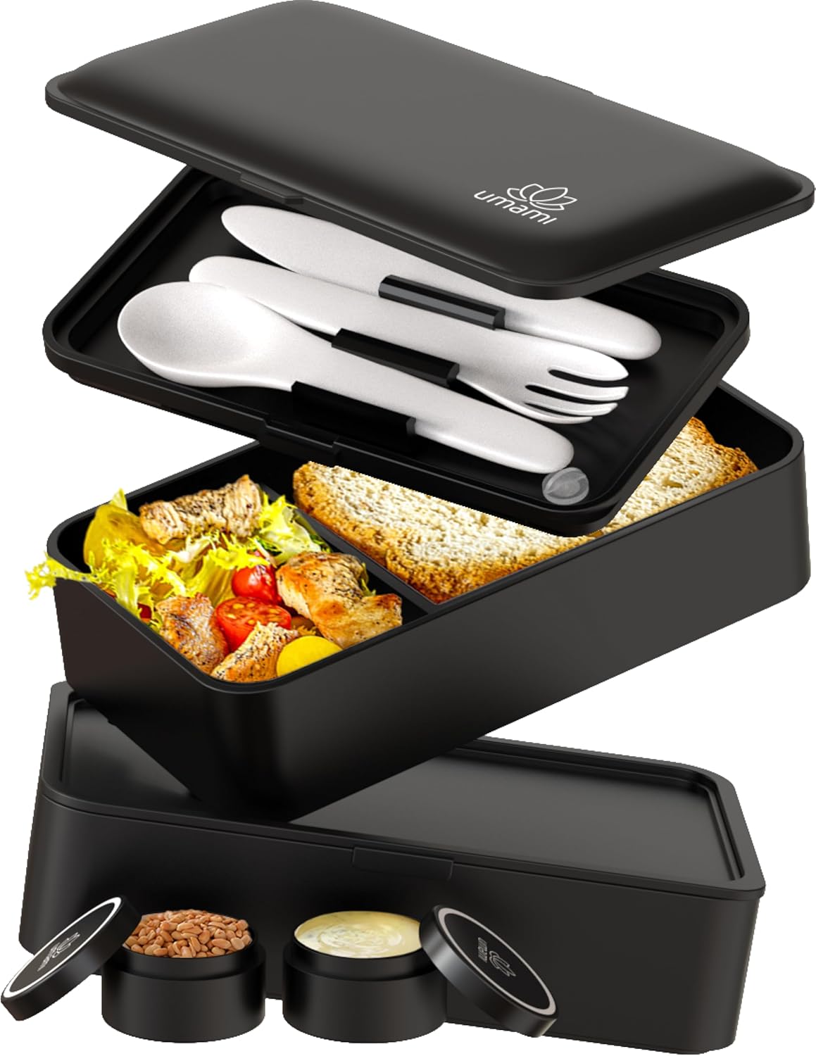 Umami Bento Box Adult All-In-1 w/4 Utensils, Sauce Jar, 2 Dividers, 100% Leakproof, Microwave & Dishwasher Safe, Stackable Bento Lunch Box Containers for Men/Women, Matte Black, 40 oz