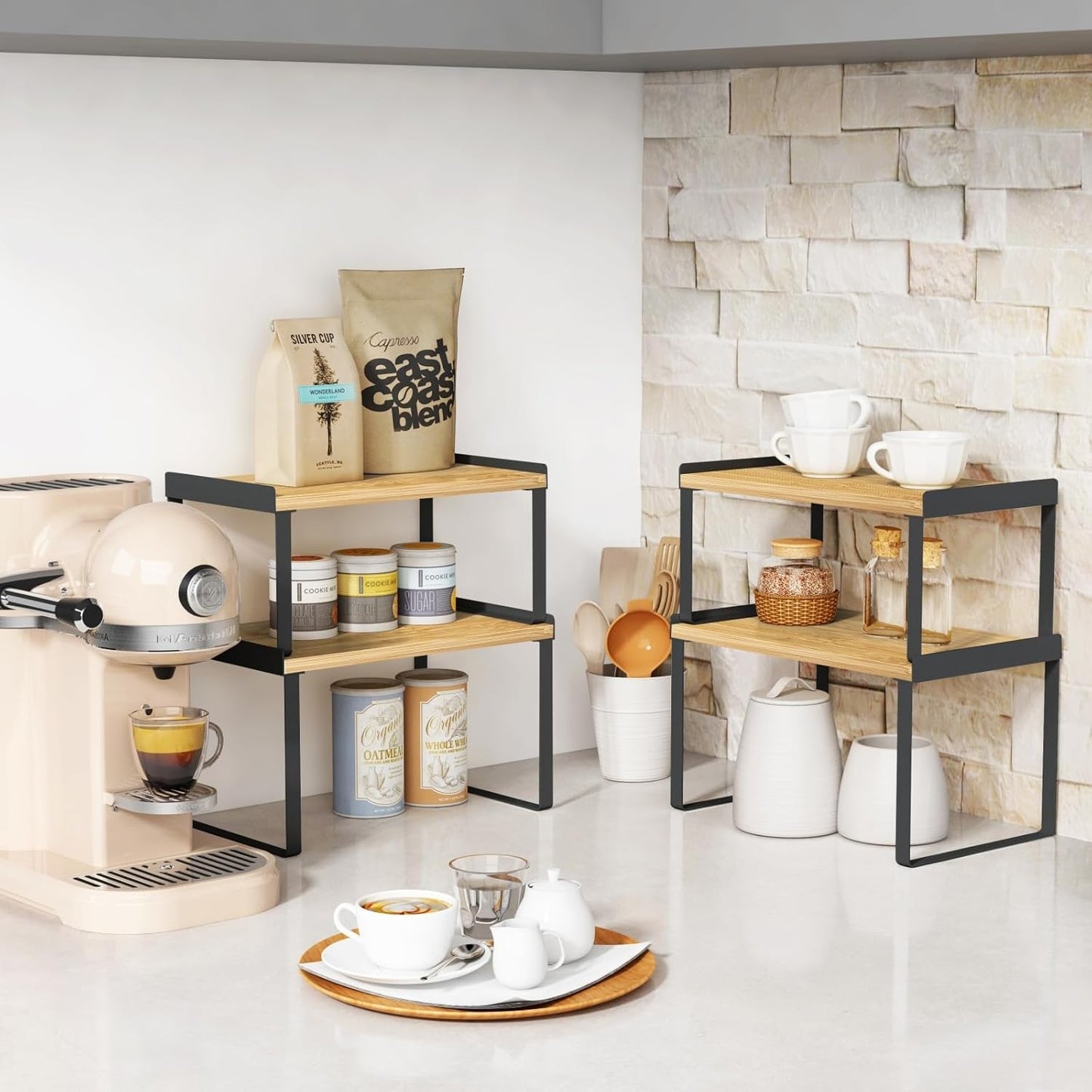 Kitchen Cabinet Organizer Shelves Set of 4, Expandable Counter Shelf Rack for Plate Dish Cup Mug Spice, Stackable Shelf Riser for Pantry Cupboard Desk Top Corner Storage (Bamboo, Black)