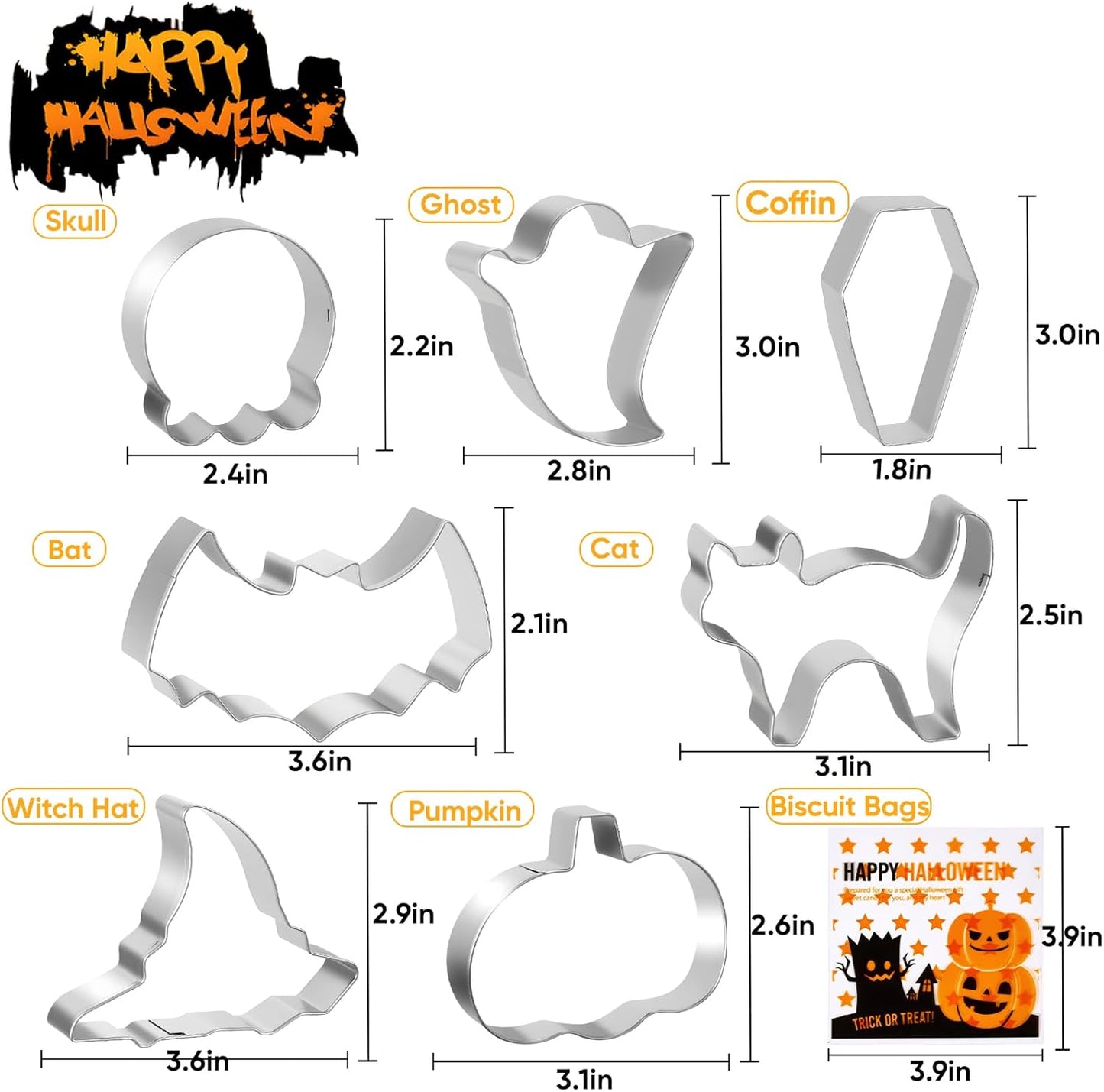 Halloween Cookie Cutters Set of 7 Stainless Steel Pumpkin Ghost Witch Hat Bat Cat Tombstone Skull Shapes for Halloween Party Supplies and Baking 50 Biscuit Bags Included