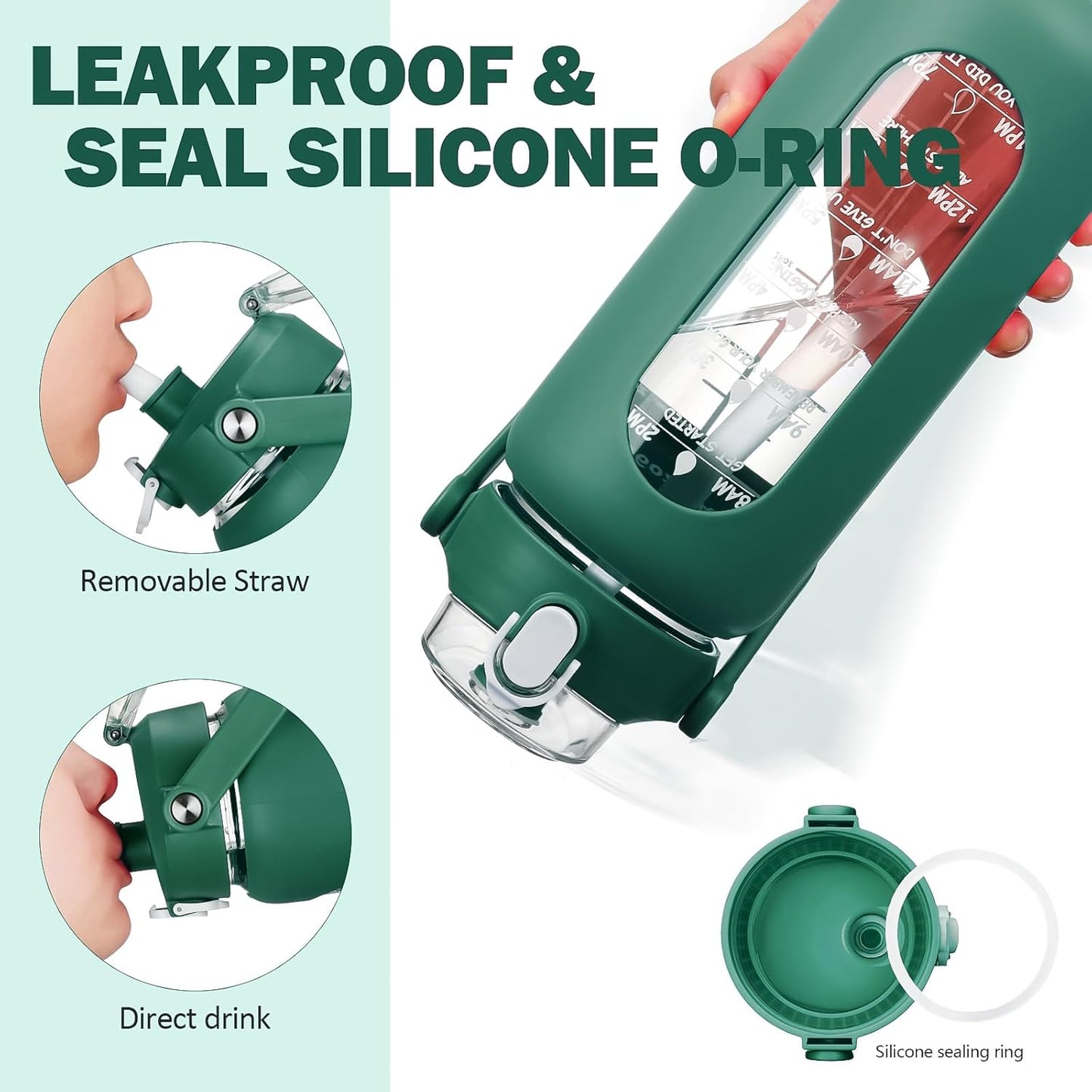 kytffu 56oz Glass Water Bottles with Straw, Motivational Glass Bottle with Silicone Sleeve and Time Marker, Leakproof Large Glass Water Jug for Gym Home Office,Ink green