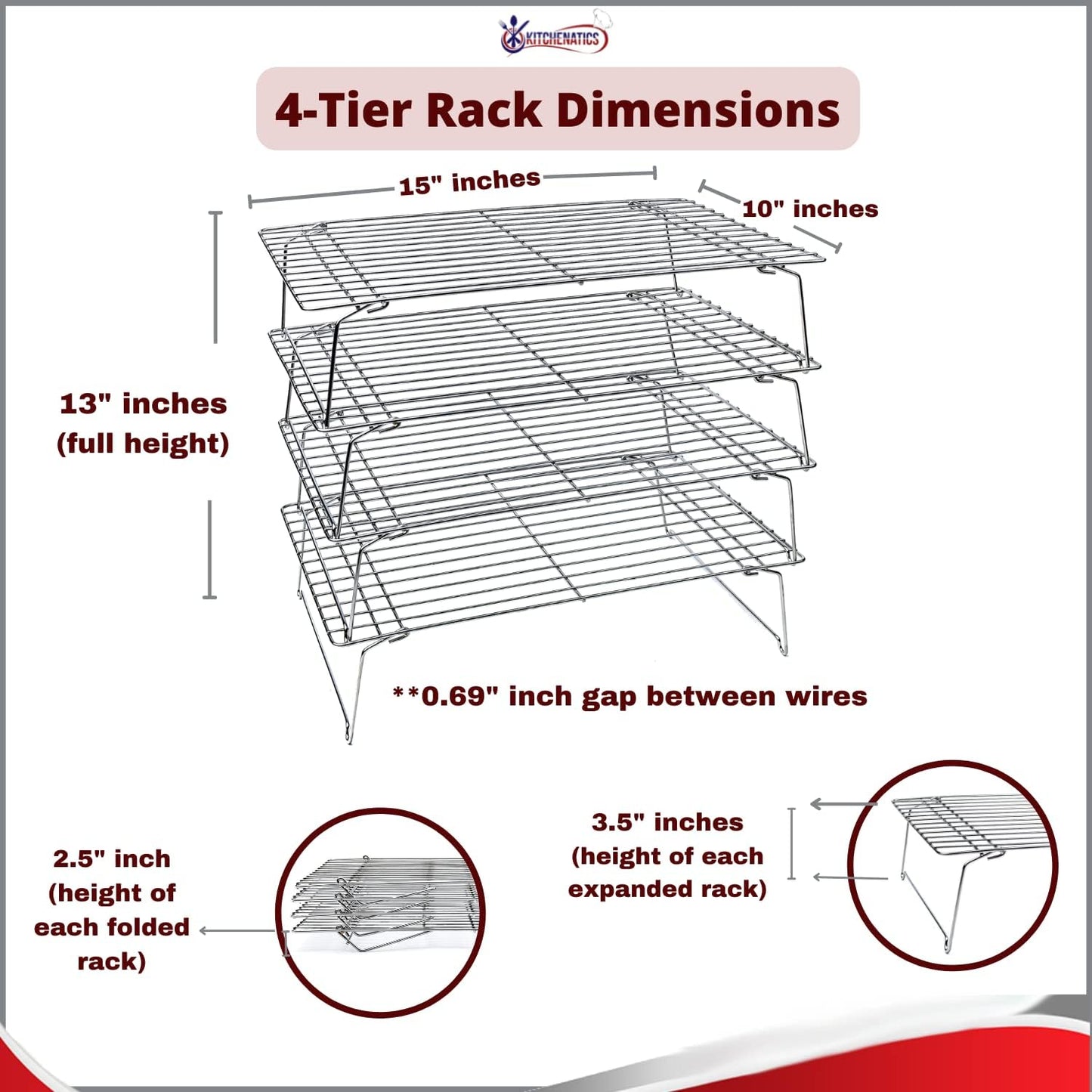 KITCHENATICS 4-Tier Stackable Cooling Racks for Baking, 100% Stainless Steel Wire Rack, Oven Safe Baking Rack, Oven Rack for Pizza, Cake, Bread, Cooling Rack for Cooking and Baking, Cookie Rack 15x10