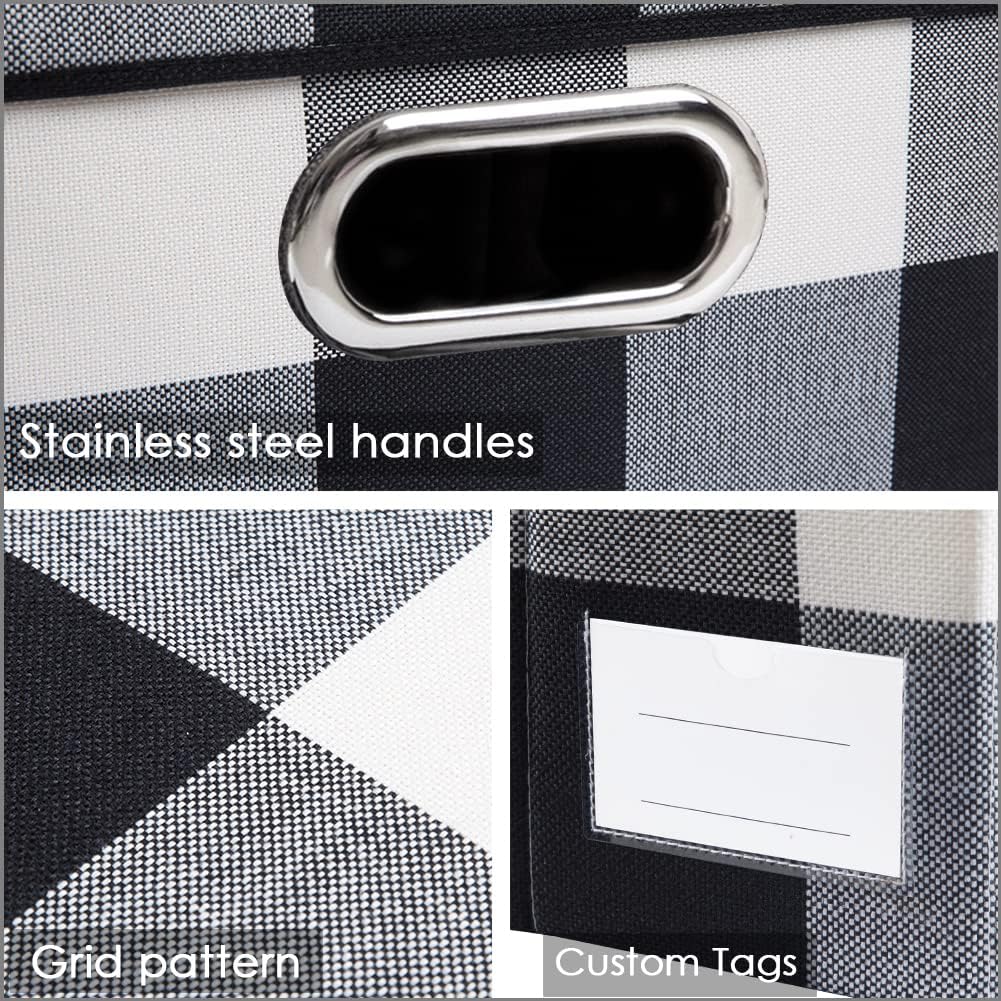 PRANDOM Fodable Storage Bins for Closet [3-Pack] Decorative Fabric Storage Baskets Cubes with Leather/Metal Handles for Shelves Bedroom Living Room Black and White Grid (11.5x8.5x6.7 Inch)