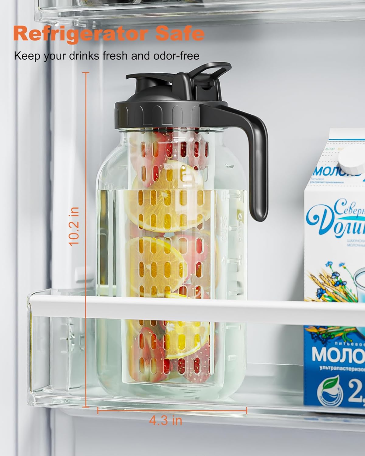 64oz Glass Pitcher with Fruit Infuser, 2 Quart Wide Mouth Mason Jar Pitcher with Airtight Flip Top Lid, Leakproof Fridge Door Water Jug for Iced Sun Tea, Juice Making - Black