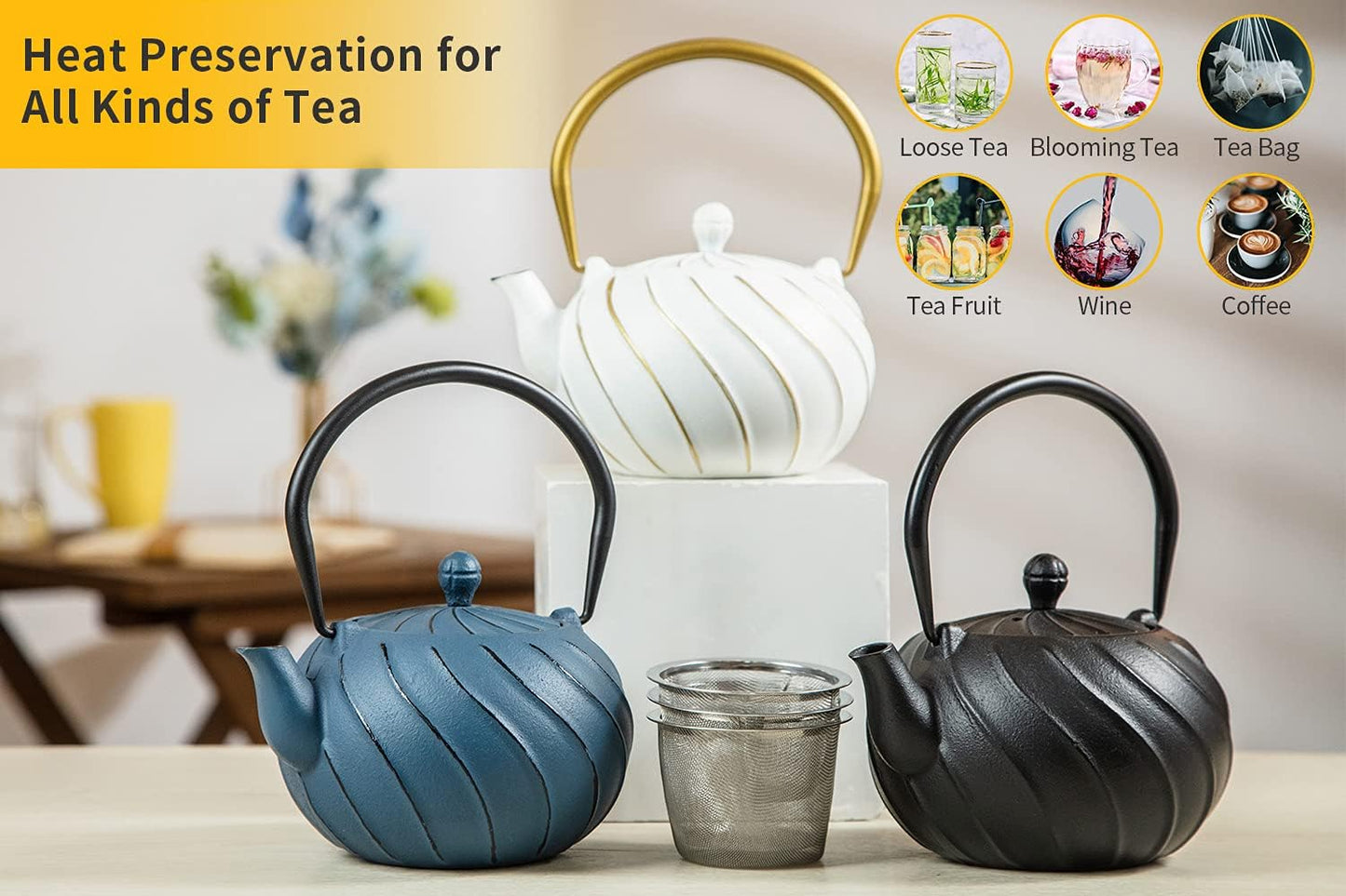 Tea Kettle, TOPTIER Japanese Cast Iron Teapot with Stainless Steel Infuser, Cast Iron Tea Kettle Stovetop Safe, Wave Design Tea Pot Coated with Enameled Interior for 30 Ounce (900 ml), White