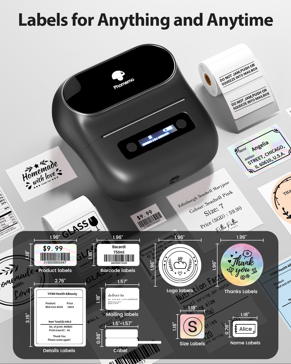 Phomemo Label Maker,M220 Label Printer,3 Inch Bluetooth Thermal Label Maker Machine with 6000+ Icons,700+ Templates,400+ Fonts,for Kids School Items,Small Business,Large Sticker