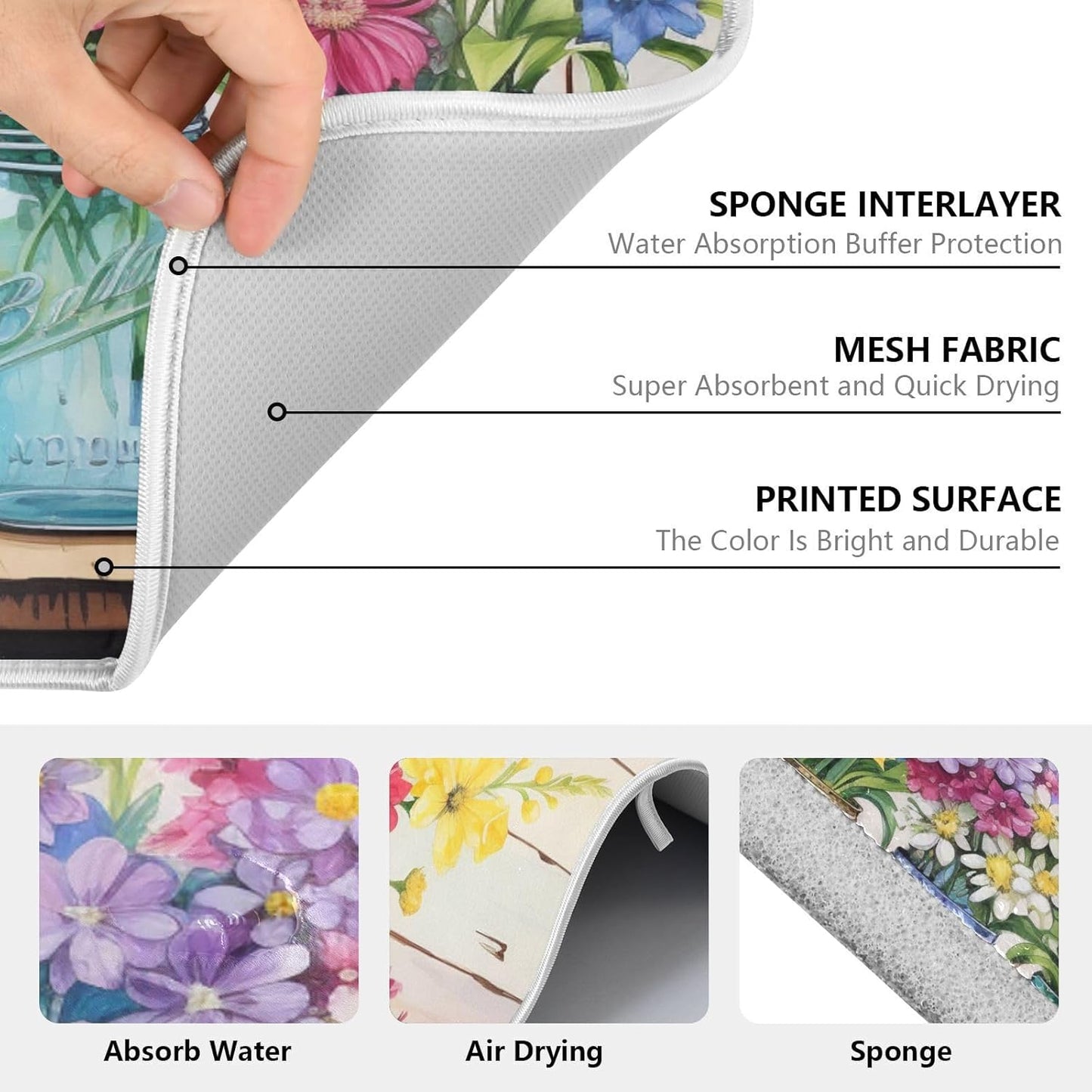 Spring Floral Jars Rustic Dish Drying Mat for Kitchen Counter Absorbent Microfiber Large Drying Pad Flowers Dish Mats for Kitchen Countertops 18 x 24 Inch