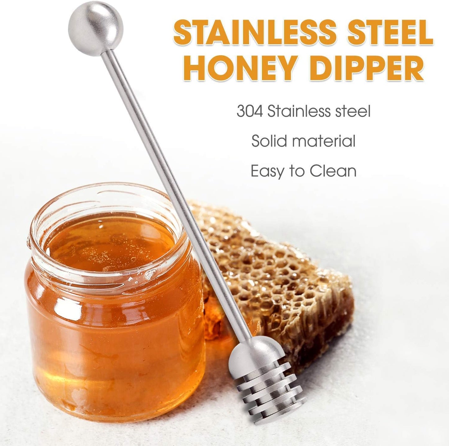 DUGATO Honey Dipper Set (2 Pack, 6.3") - 304 Stainless Steel Honeycomb Sticks for Honey Pot Jar, Syrup Drizzler, Tea & Coffee Stirrer - Elegant Kitchen Utensil (Stainless Steel)