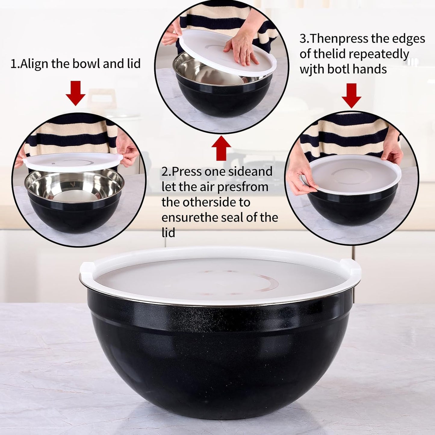 Black Mixing Bowls with Lids Set of 7, Stainless Steel Nesting Bowl with Khaki Lid for Non-slip Mixing Prepping Storing Serving, 7 Sizes-7/3.6/2.7/2.1/1.5/1/0.8 QT