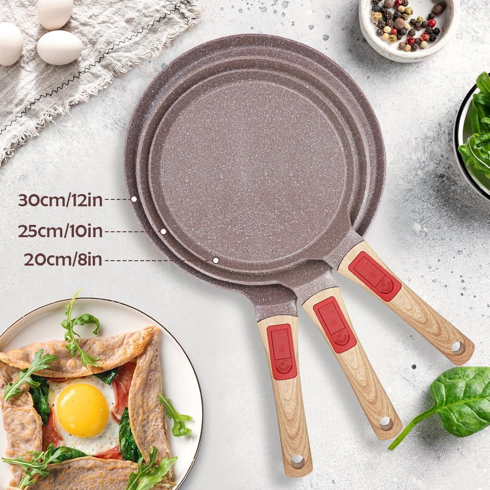 Nonstick Ceramic Crepe Pan, 8 Inch Dosa Pan Pancake Pan with Detachable Handle Round Griddle - Brown