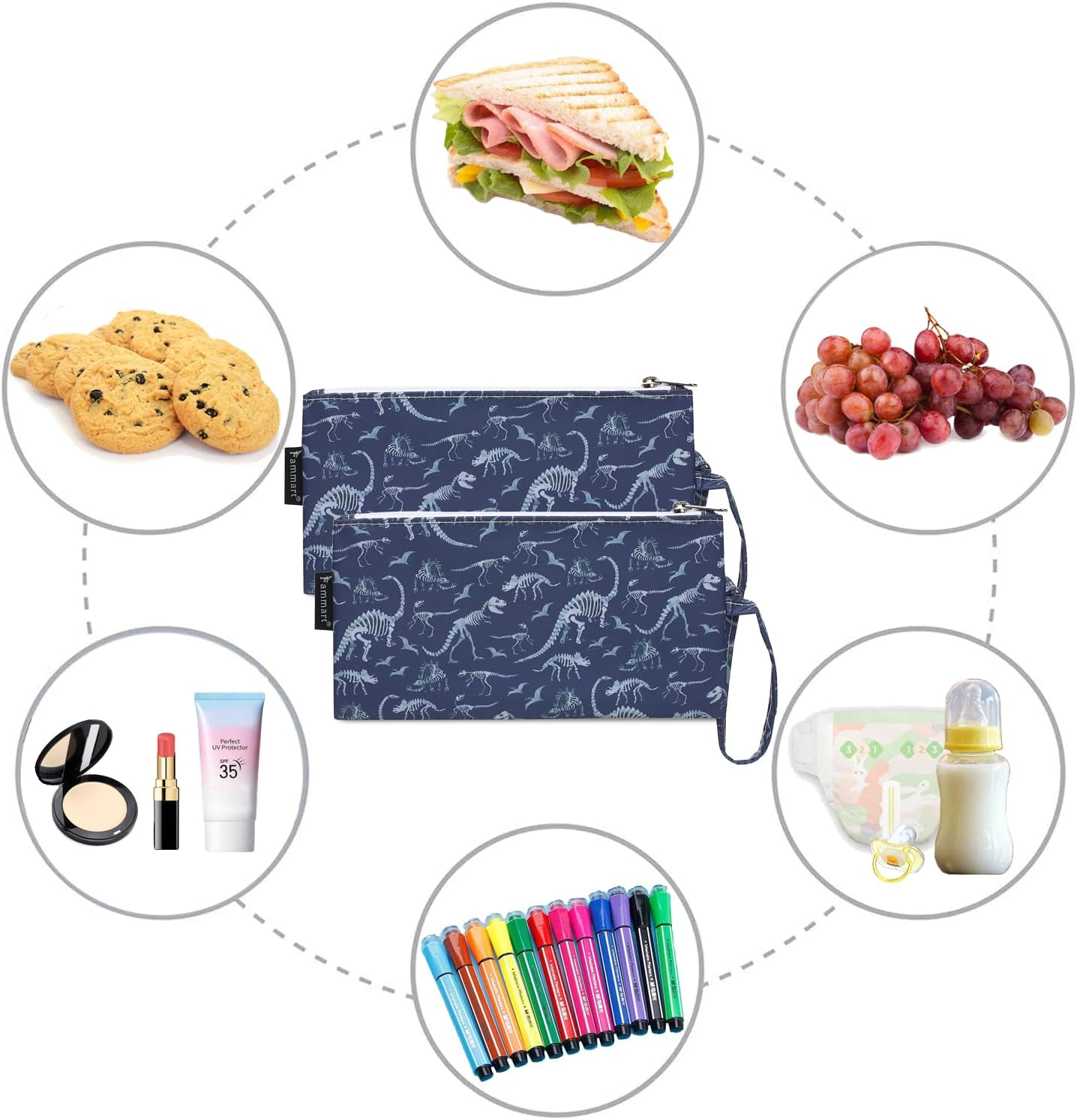 Reusable Sandwich Bag/Snack Bag for Kids & Adults, Dual Layer Lunch Bag with Handle, Washable, Food Safe, BPA Free (2-Pack, Dinosaur Fossil)