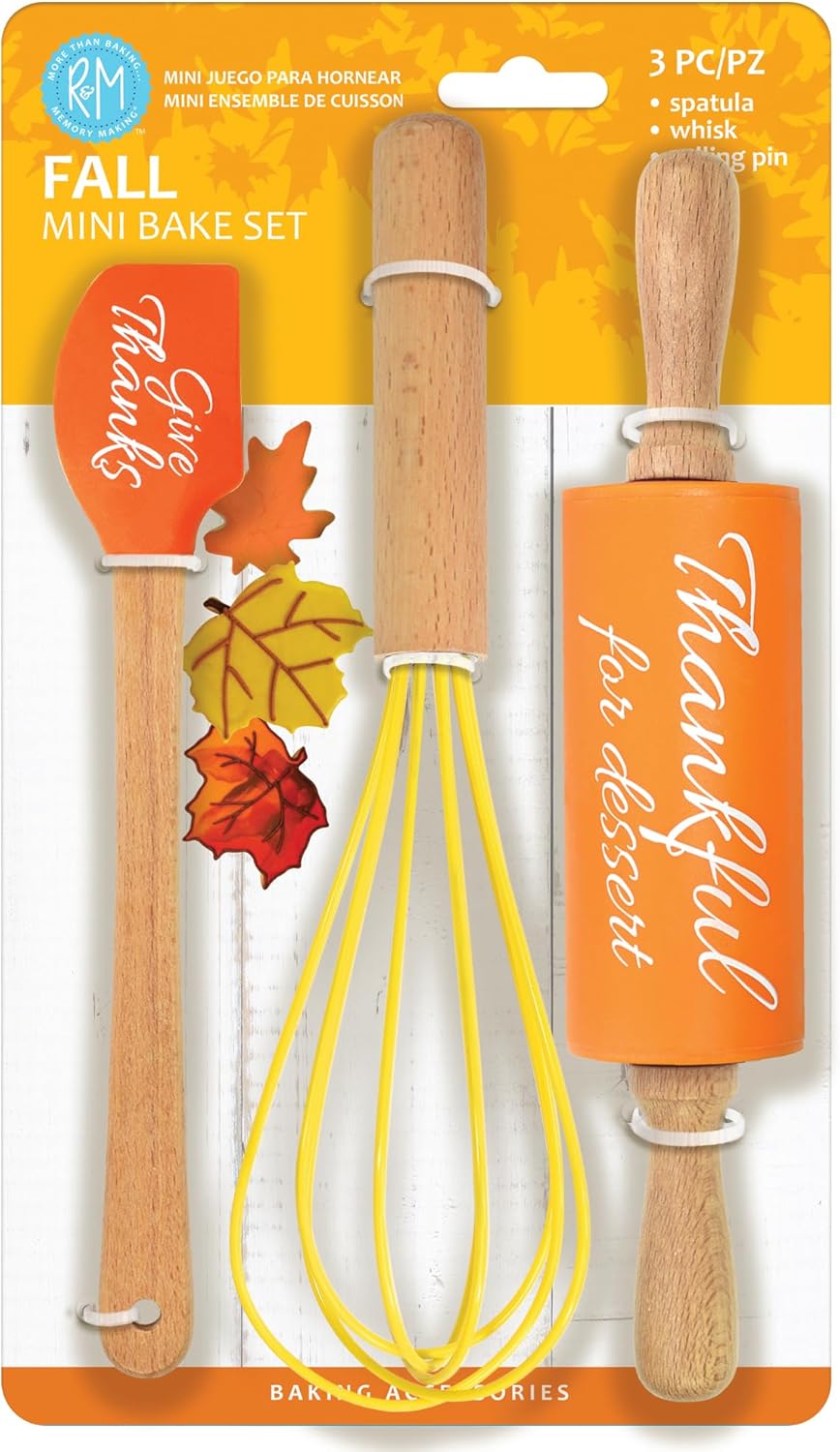 R&M Fall Holiday 3 Piece Mini Bake Set – Spatula, Whisk & Rolling Pin – Thanksgiving Baking Gift for Kids and Home Bakers