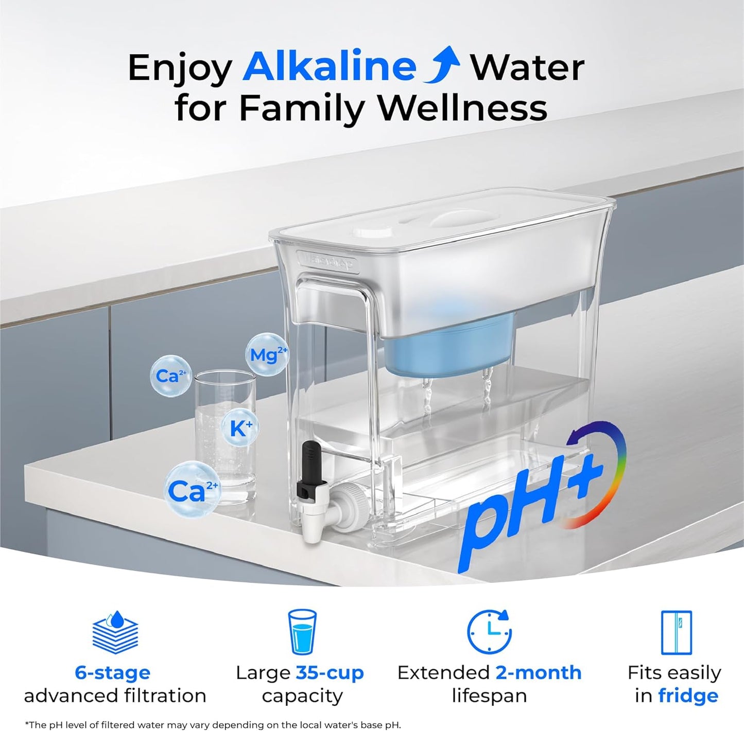 Waterdrop Slim Alkaline Water Filter Dispenser, 35-Cup, Large Capacity, 100-Gallon Long-Life, Faster Filtration, Reduces Chlorine, PFOA/PFOS and More, BPA Free, White (with 1 Filter)