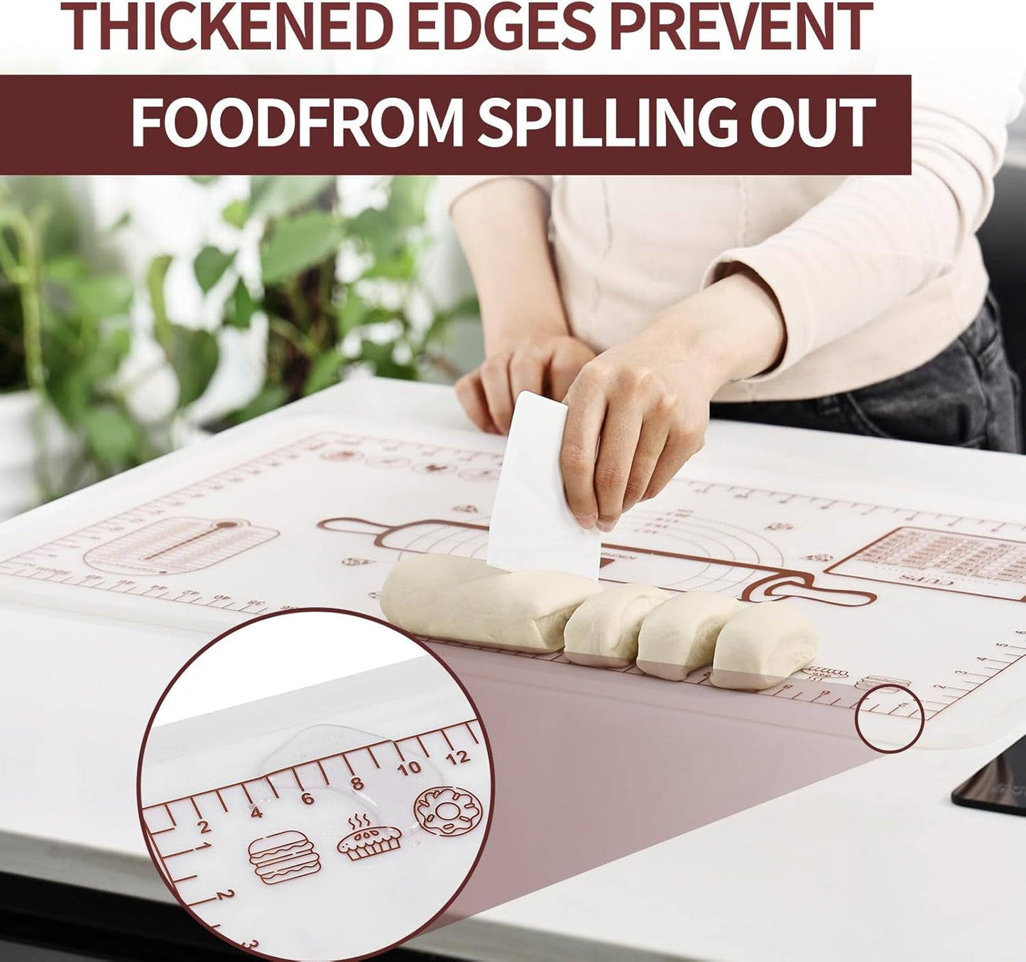 Silicone Baking Mat, Extra Thick Dough Rolling Pad with Measurements and Edge Heightening, Non-stick Food Grade Silicone Pastry Mat for Pastry, Bread, Cookies (Transparent, 20"L x 28"W)