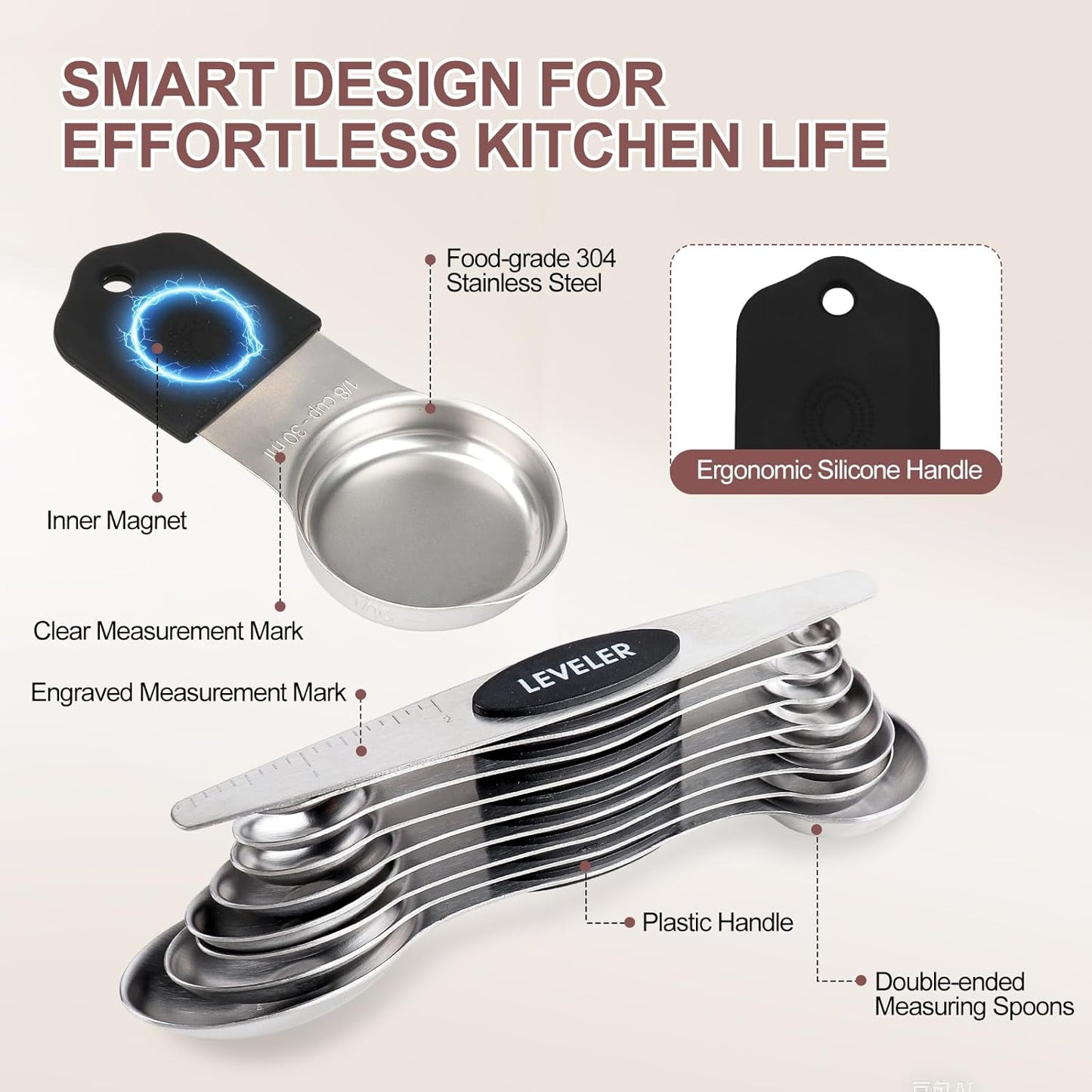 16-Piece Stainless Steel Measuring Cups and Spoons Set, Strong Magnetic Nesting Design 7 Cups 8 Spoons with Leveler, Double Measurement Markings for Dry & Liquid Ingredients, Black