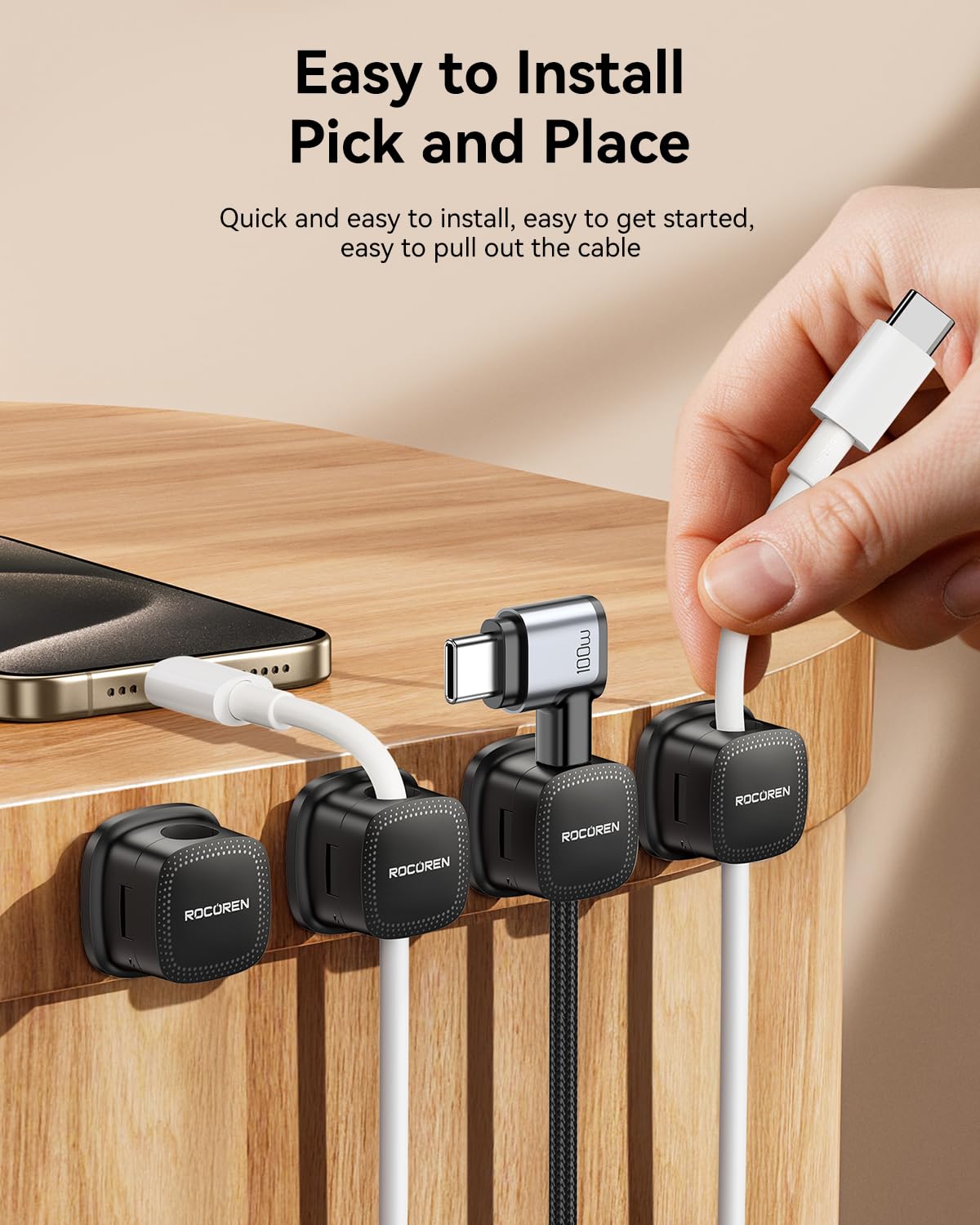 6 Pack Cable Management Cord Organizer,Magnetic Cable Clips-1s Lock,Rocoren Desk Adhesive Cord Cable Clip Wire Holder Keeper for Phone Charger Wire,Nightstand,Car,Office,Desktop Accessory,Black