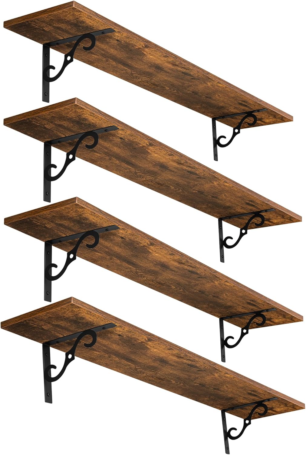DINZI LVJ Long Wall Shelves, 39.4 Inch Large Floating Shelves Set of 4, Wide Display Shelf Wall Mounted with Brackets, Easy Hanging for Living Room, Toilet, Office, Bedroom, Rustic Brown
