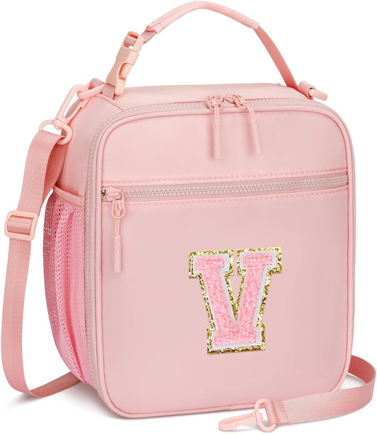 Initial Insulated Lunch Bag for Girls Kids, Back to School Gift, Reusable Leak-proof Lunch Box with Adjustable Strap for School Daycare Travel Picnic (Pink,V)