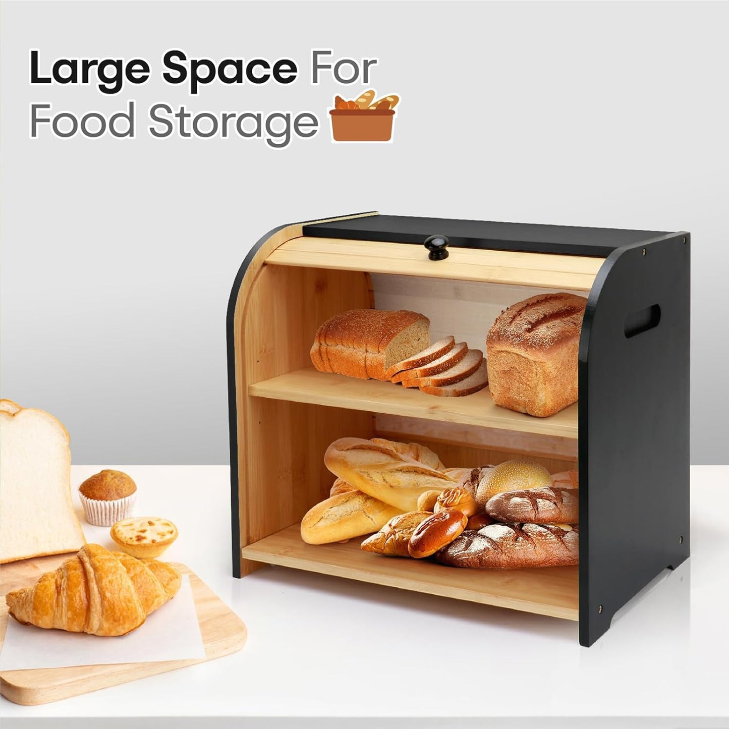 Bread Box for Kitchen Countertop, Double Layer Bamboo Bread Storage Container for Homemade Bread, Roll Top Bread Box with 3 Adjustable Height for Kitchen Counter, Black Breadbox Organizer