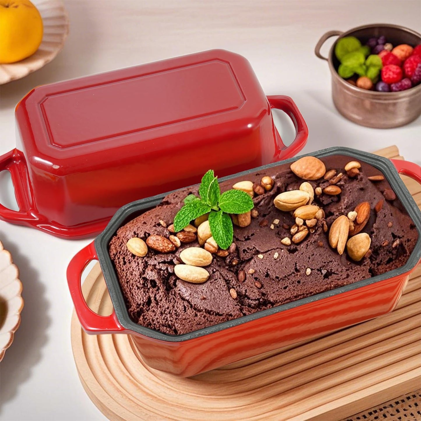Bread Pan Cast Iron Loaf Pan with Lid Bread Loaf Pan 9x5 Inch Loaf Pan Enameled Cast Iron Sourdough Loaf Pan, Red