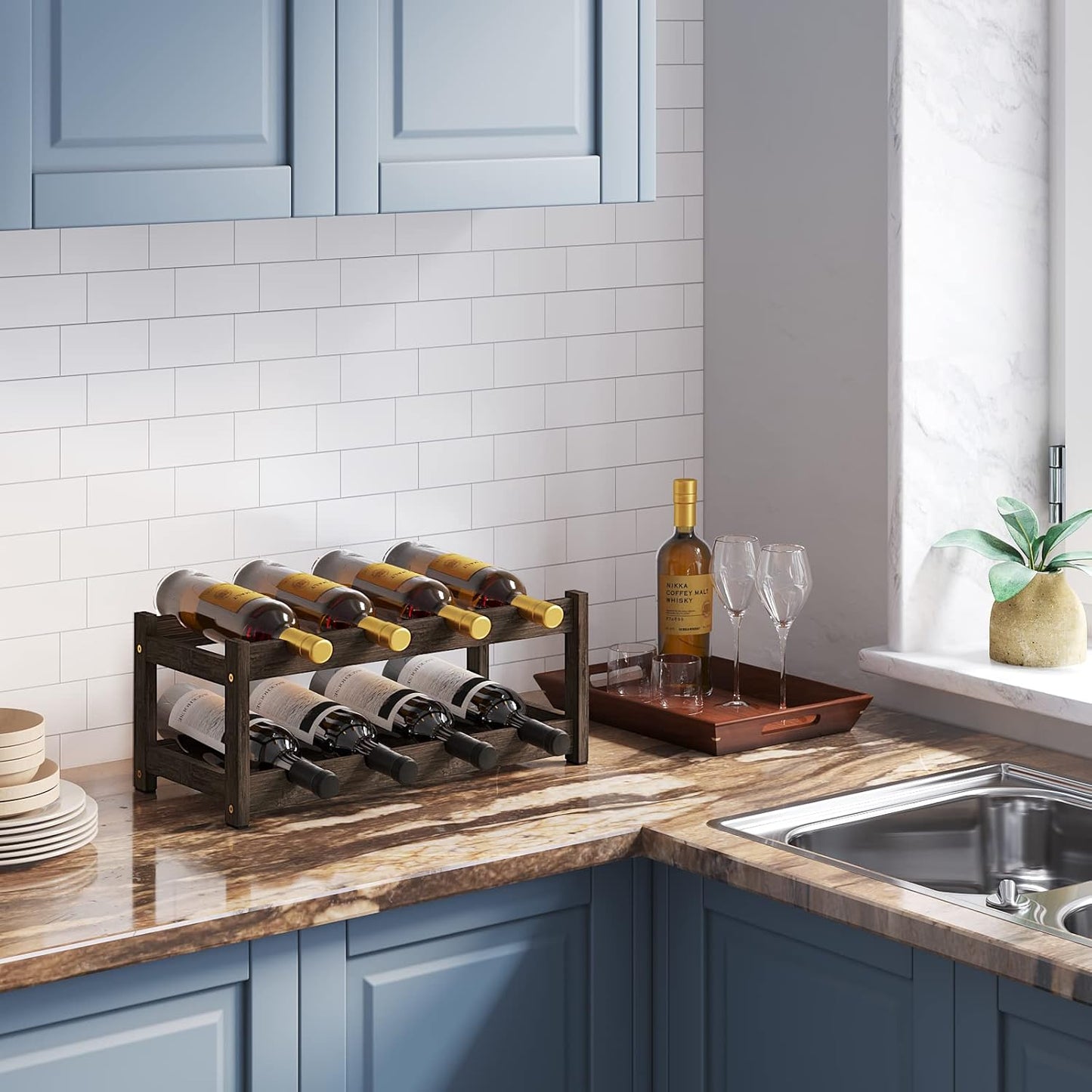 BAMEOS Wine Rack Freestanding 2 Tier 8 Bottle Bamboo Wine Racks Countertop Cabinet Wine Holder Wine Storage Shelf for, Bar, Pantry Wine Cellar Basement Countertop Mocha (16.85 L x 9.25W x 7H