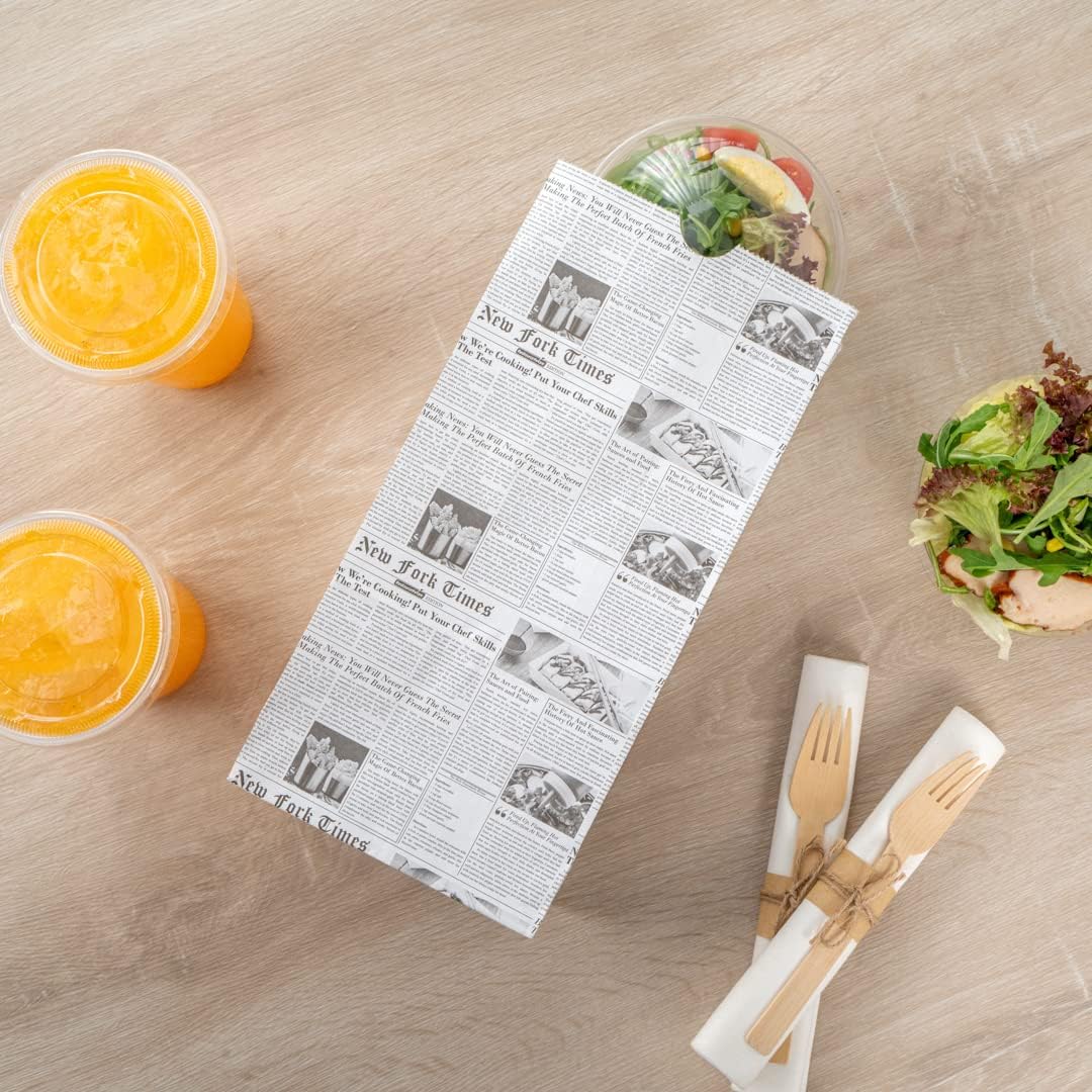 Bag Tek 8 Lb Disposable Lunch Bags, 100 Sturdy Take Out Bags - Flat Bottom, Microwavable, Newsprint Design Paper Bags, Freezable, Great For Restaurants, Cafes, And Bakeries - Restaurantware