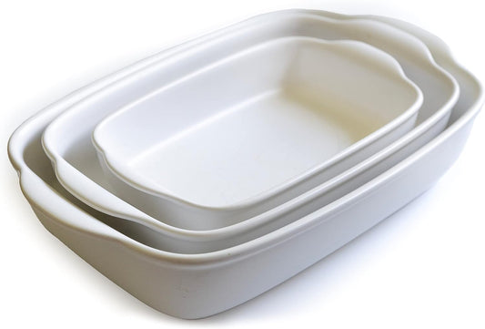 Saffron & Sage Casserole Dish Set of 3 - Baking Dishes for Oven, Contemporary White Ceramic Baking Dish Set, Heavy Duty Bakeware, Up to 500° High Heat Resistant, Dishwasher, Freezer and Food Safe