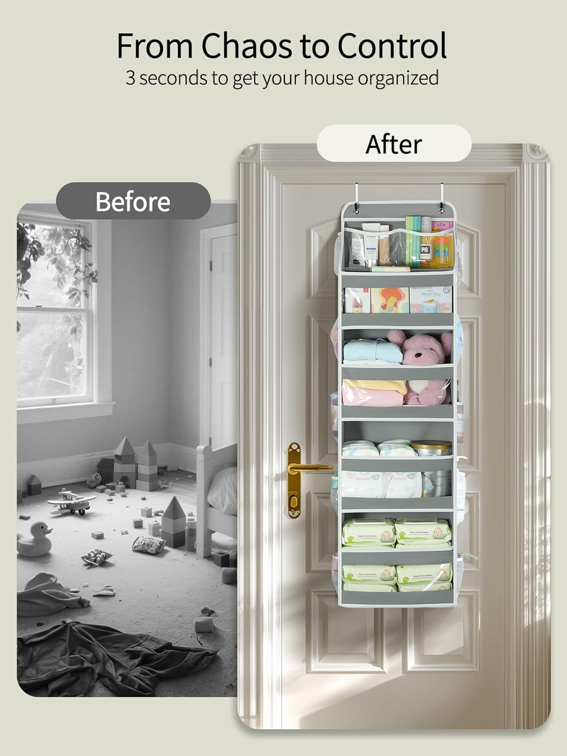 Yecaye 5 Tier 2 Pc Over the Door Organizer, Swing-proof Door Organizer Hanging with Clear PVC Windows, Behind the Door Storage for Bedroom Nursery Closet Laundry Pantry Bathroom, Grey