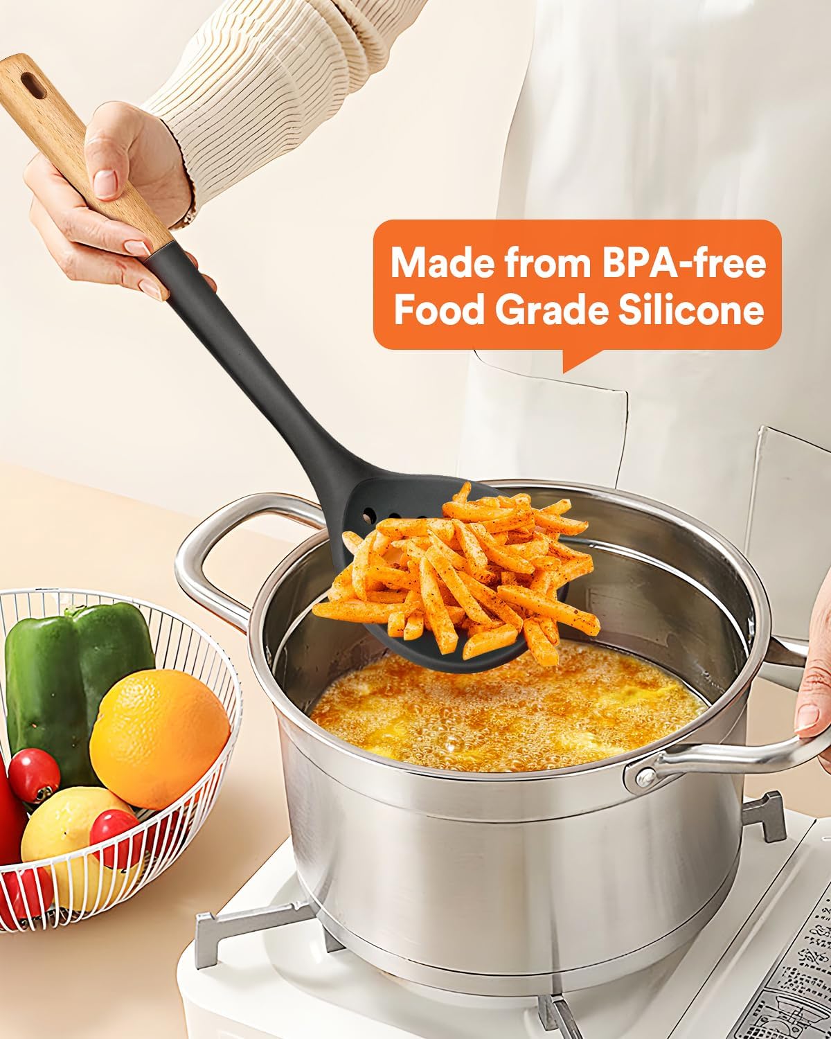 Kitchen Ladle Strainer, Large Slotted Spoon with High Heat Resistant BPA Free, Non Stick Cooking Skimmers For Draining & Frying, 13.2inch (Black)