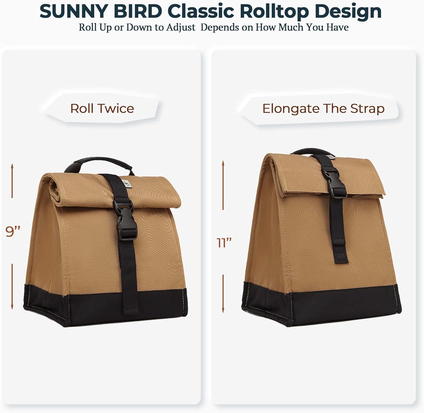 SUNNY BIRD Insulated Lunch Bag Rolltop Lunch Box Tote Bag for Women, Men, Adults and Teens (Brown)