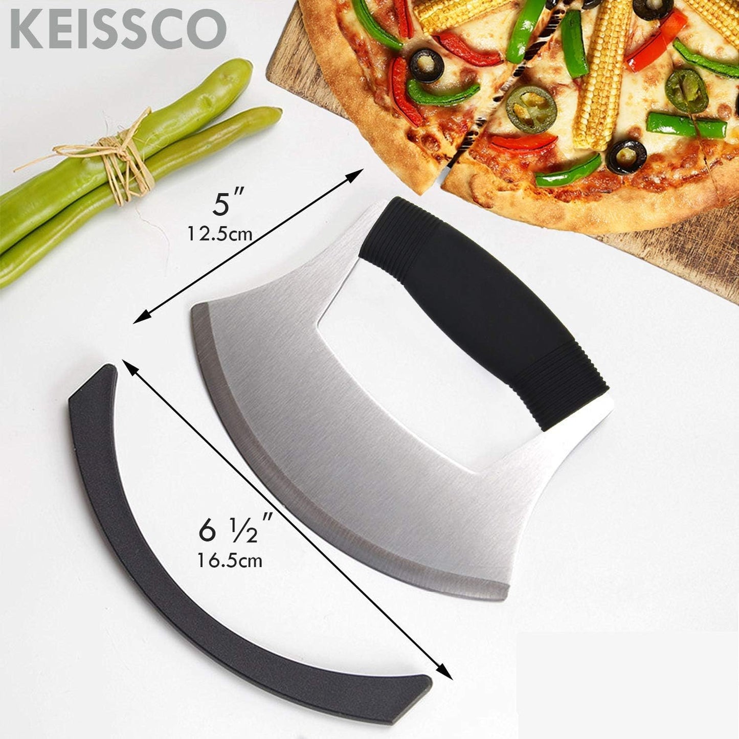 Pizza Cutter Stainless Steel Ulu knife Razor Sharp Rocker Slicer Cutter Mincing Mezzaluna Knife Salad Vegetable Chopper with Upgraded Ergonomic Anti-Slip Handle